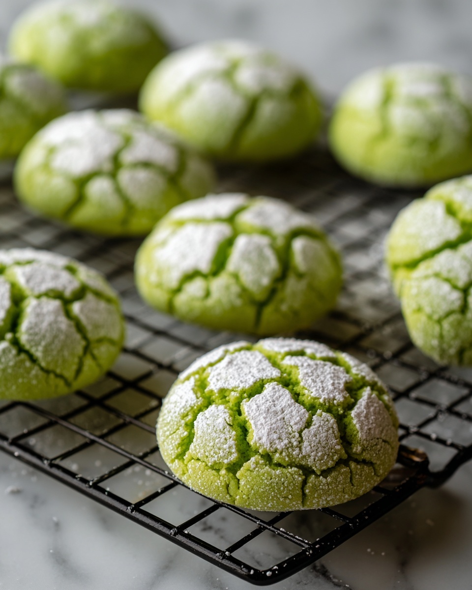 The image shows a cooling rack filled with round green cookies covered in irregular white powdered sugar patches, giving a textured, cracked look. The cookies have a soft, slightly crinkled surface with vibrant green color underneath the white patches. There are about eight cookies on the rack, spaced evenly, set on a white marbled surface. Photo taken with an iphone --ar 4:5 --v 7