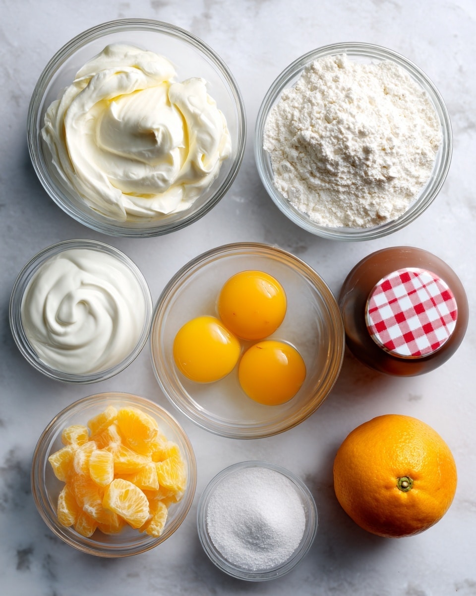 A top view of seven clear bowls and one bottle on a white marbled surface, each with different ingredients arranged neatly. The largest bowl at the top center has soft white cream cheese with a smooth texture. Below it, in the center, is a medium bowl with two raw eggs showing bright yellow yolks in clear whites. To the left of the eggs, a small bowl holds thick white yogurt, and just above it, another small bowl contains fine white sugar with a grainy surface. To the right of the eggs, a small bowl is filled with diced orange fruit pieces. Below this bowl is another small bowl containing fine white flour. To the right of all the bowls is a brown bottle with a red and white checkered lid, and next to it on the far right is a whole bright orange fruit. Photo taken with an iphone --ar 4:5 --v 7
