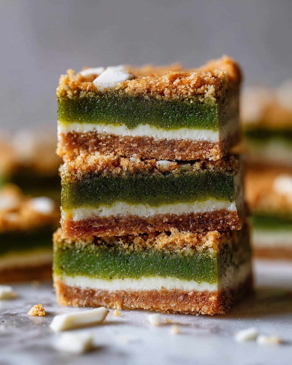 A close-up view of a stack of four thick square bars, each showing two main layers: a crumbly golden top and bottom crust with a rough texture, and a thick middle green layer that looks smooth and slightly glossy, dotted with small white chunks evenly spread throughout. The bars sit on a white marbled surface, and there are some scattered white pieces around the base of the stack. The photo taken with an iphone --ar 4:5 --v 7
