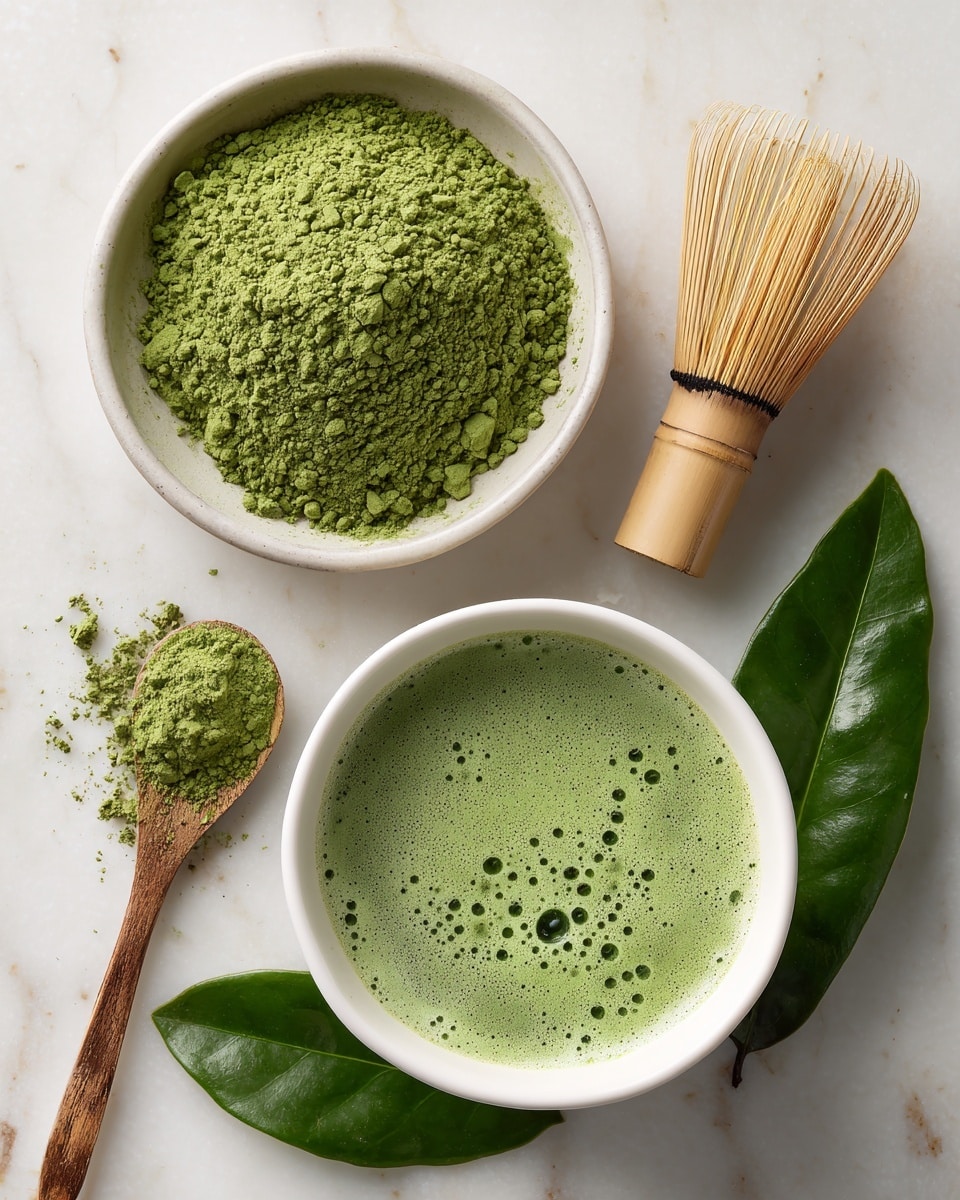 The image shows a white bowl filled with frothy bright green matcha tea, placed on a white marbled surface. Above it, there is a smaller white bowl full of fine green matcha powder. To the left of the bowls is a thin bamboo scoop with some powder spilling onto the surface. Next to the bowls, a light-colored bamboo whisk with finely spaced prongs lies on its side. At the bottom right, two large shiny green leaves add a fresh touch. The overall colors are green, white, and natural bamboo tones. photo taken with an iphone --ar 4:5 --v 7