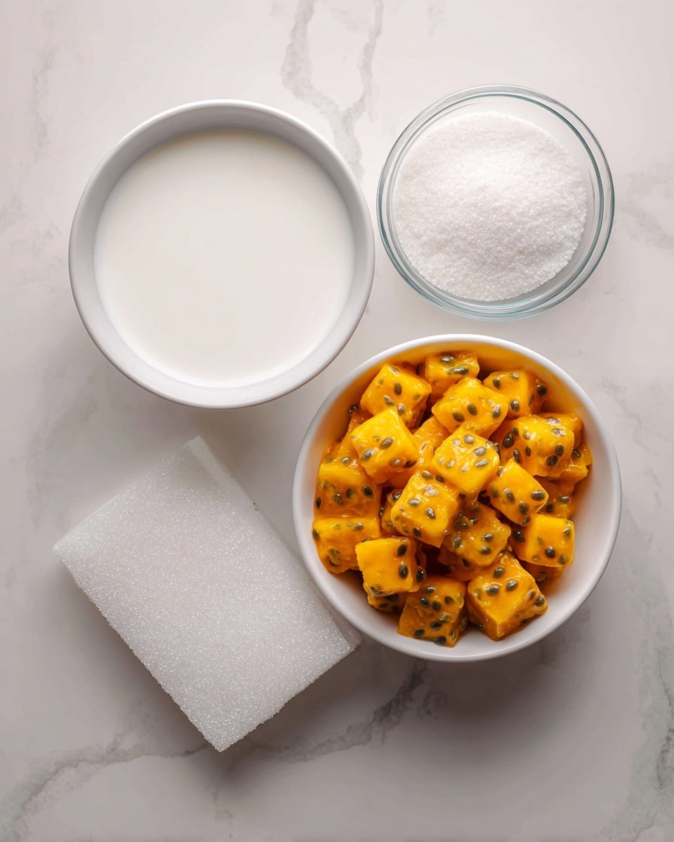 The image shows four clear glass bowls placed on a white marbled surface, each containing a different ingredient. The top left bowl holds fine white powdered sugar with a soft, powdery texture. To the right, a larger bowl is filled with bright yellow frozen mango chunks, some with visible ice crystals giving a frosty look. Below the powdered sugar is a smaller bowl with pale off-white gelatin powder that looks fine and slightly grainy. At the bottom right, a bigger bowl contains smooth, thick heavy cream with a creamy off-white color. Each bowl is neatly arranged with clear labels above or beside them. Photo taken with an iphone --ar 4:5 --v 7
