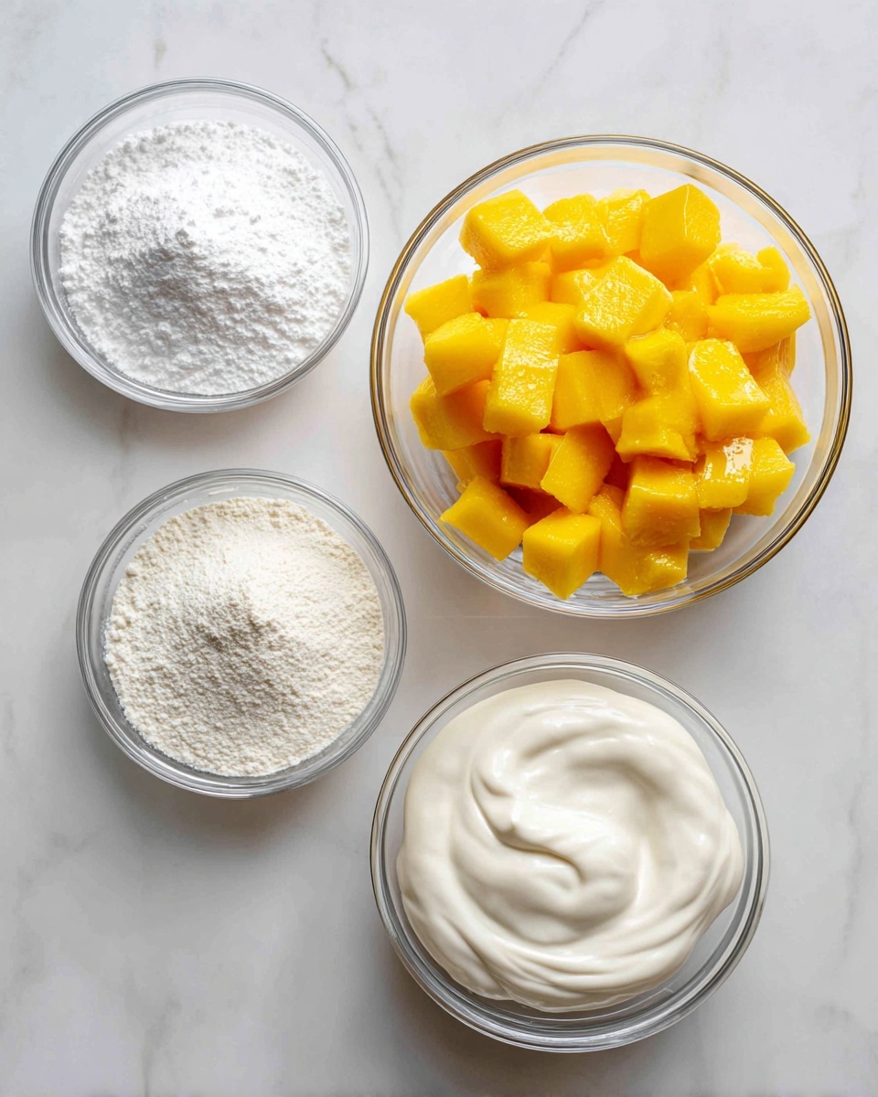 The image shows four clear glass bowls placed on a white marbled surface, each containing a different ingredient. The top left bowl holds a white, powdery substance labeled powdered sugar, the top right bowl is filled with whole, red strawberries covered lightly with frost. Below to the left is a small bowl with a fine pale yellow powder labeled gelatin powder, and to the right of that is a larger bowl filled with a smooth, creamy white liquid labeled heavy cream. All the ingredients are separate and clearly visible. Photo taken with an iphone --ar 4:5 --v 7