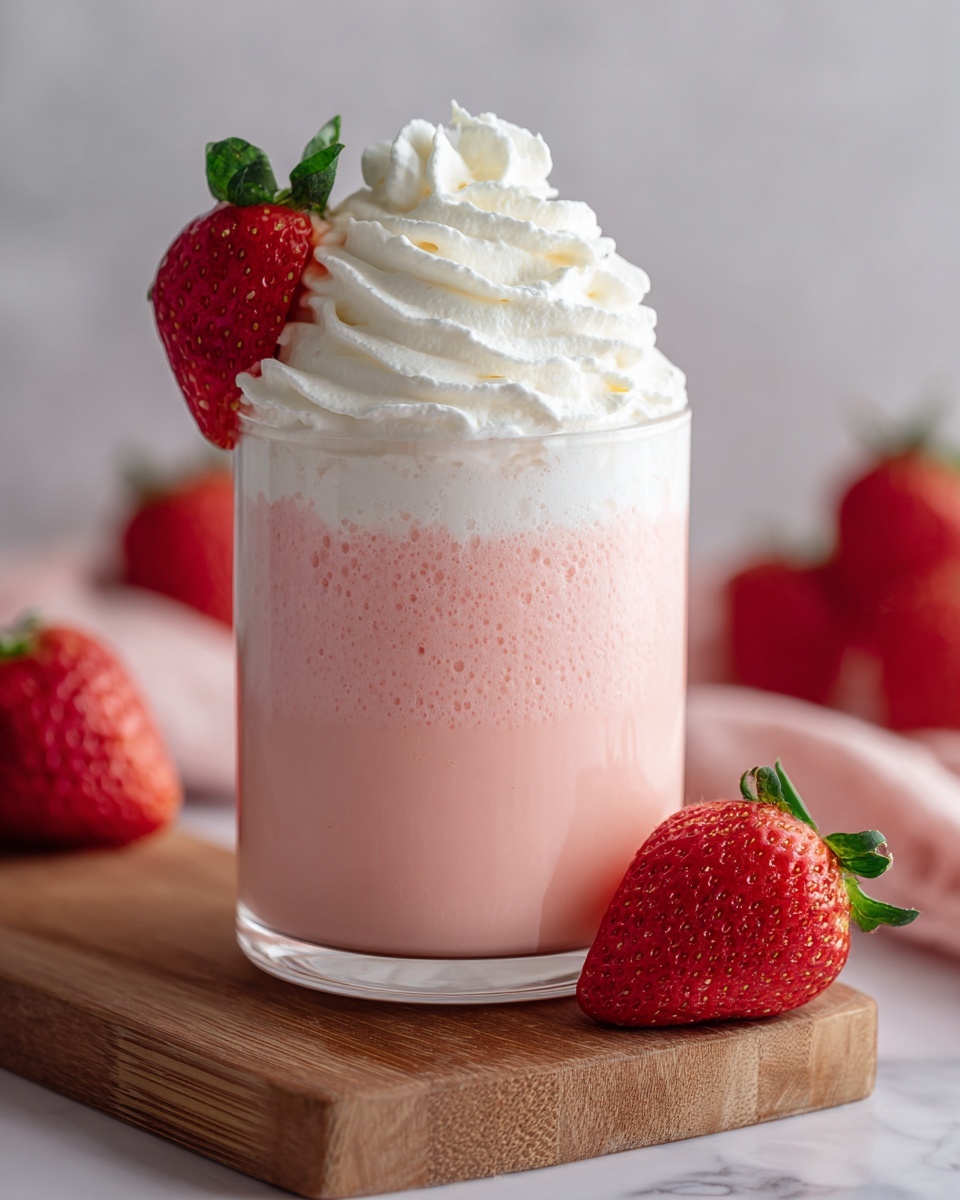 The dessert has three main layers. The bottom layer is a smooth, pale pink dome-shaped base with a soft texture, placed on a white marbled surface. On top of this is a circle of halved bright red raspberries arranged evenly around the edge. The top layer is a swirl of smooth white cream decorated with tiny black specks, with one raspberry half and a small green mint leaf crowning the peak of the cream. The whole dessert is on a simple white plate. photo taken with an iphone --ar 4:5 --v 7