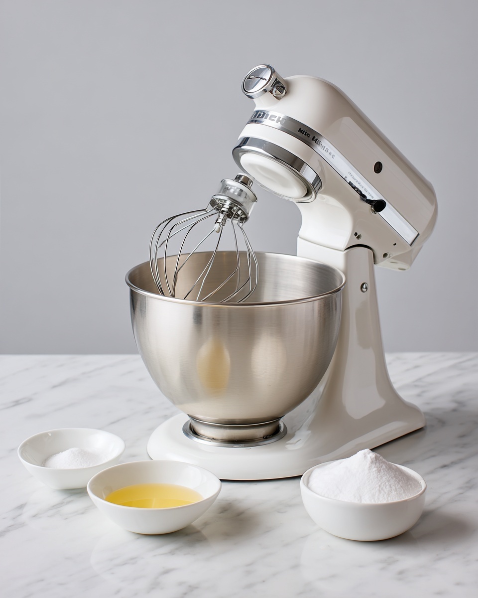 The image shows three small bowls placed on a white marbled surface. The first bowl on the left contains bright yellow egg yolks grouped closely together, with a smooth and shiny texture, in a white bowl. Above it is a smaller clear bowl filled with white granulated sugar, showing a fine, powdery texture. To the right is a larger white bowl holding milk that has a smooth, slightly frothy surface with small bubbles. Each bowl is clearly labeled with white text above or beside it saying
