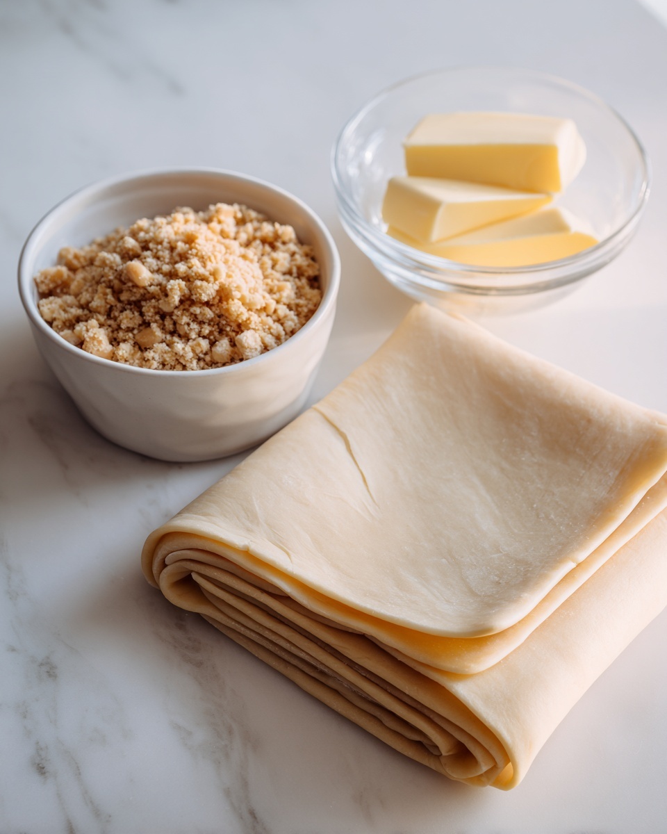 The image shows a simple setup of three items on a white marbled surface. On the right, there is a single sheet of pale beige pastry dough, folded into several thin layers, lying flat with slight wrinkles. To the left of it, there is a small white bowl filled with a crumbly mixture of light brown and beige bits, looking like crushed nuts or crumbs. Behind that bowl, there is a small clear glass bowl with two smooth, pale yellow slices of butter. The background is plain with a soft light that highlights the textures. photo taken with an iphone --ar 4:5 --v 7