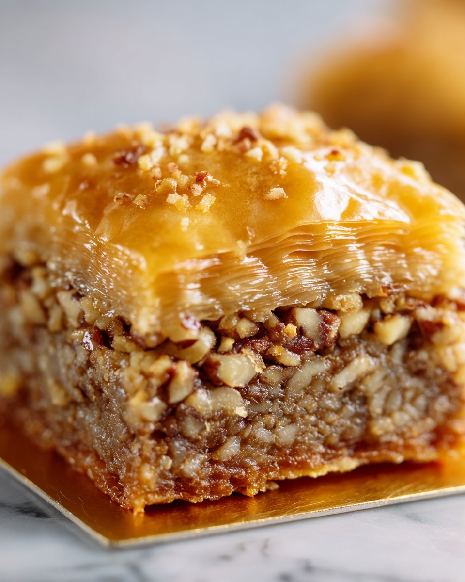 The image shows a close-up of several triangular pieces of baklava arranged tightly in a white bowl. Each piece has multiple thin golden layers of crispy, flaky pastry that shine slightly, with some fine nut crumb sprinkled on top giving a textured look. The layers reveal a light brown nut filling in between, visible through the edges of the pastry. The baklava pieces are cut neatly, showing the delicate, layered structure of the dessert. The background is a white marbled texture. photo taken with an iphone --ar 4:5 --v 7
