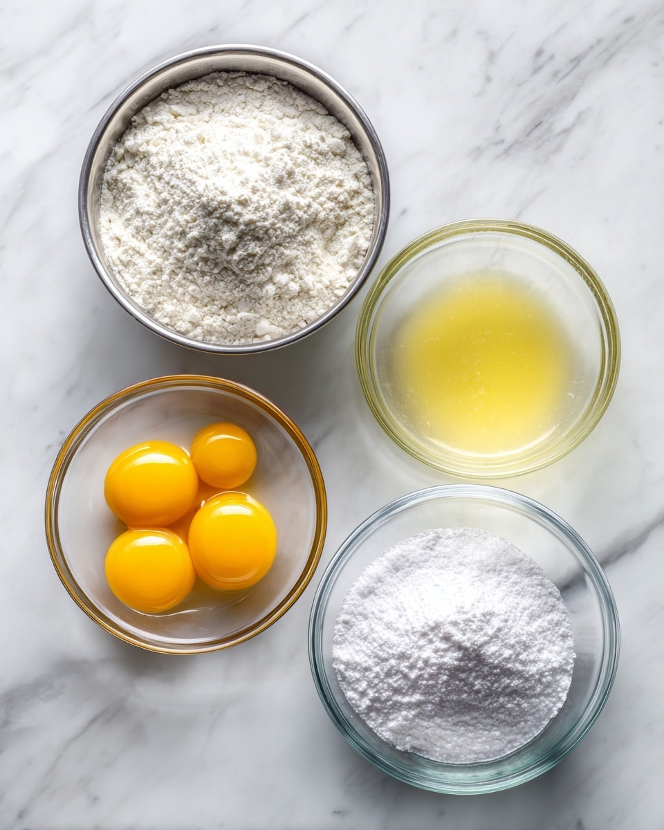 The image shows four small bowls placed on a white marbled surface, each containing a different ingredient. The top left bowl holds a white powder mix of pastry flour and corn starch and is made of shiny metal. To its right is a clear glass bowl with a transparent light yellow liquid, egg white. Below that is another clear glass bowl with fine white granulated sugar. On the bottom left, another clear glass bowl contains four bright yellow egg yolks. The bowls are arranged in a loose square shape, with the metal bowl at the top left and the clear glass bowls surrounding it. Photo taken with an iphone --ar 4:5 --v 7
