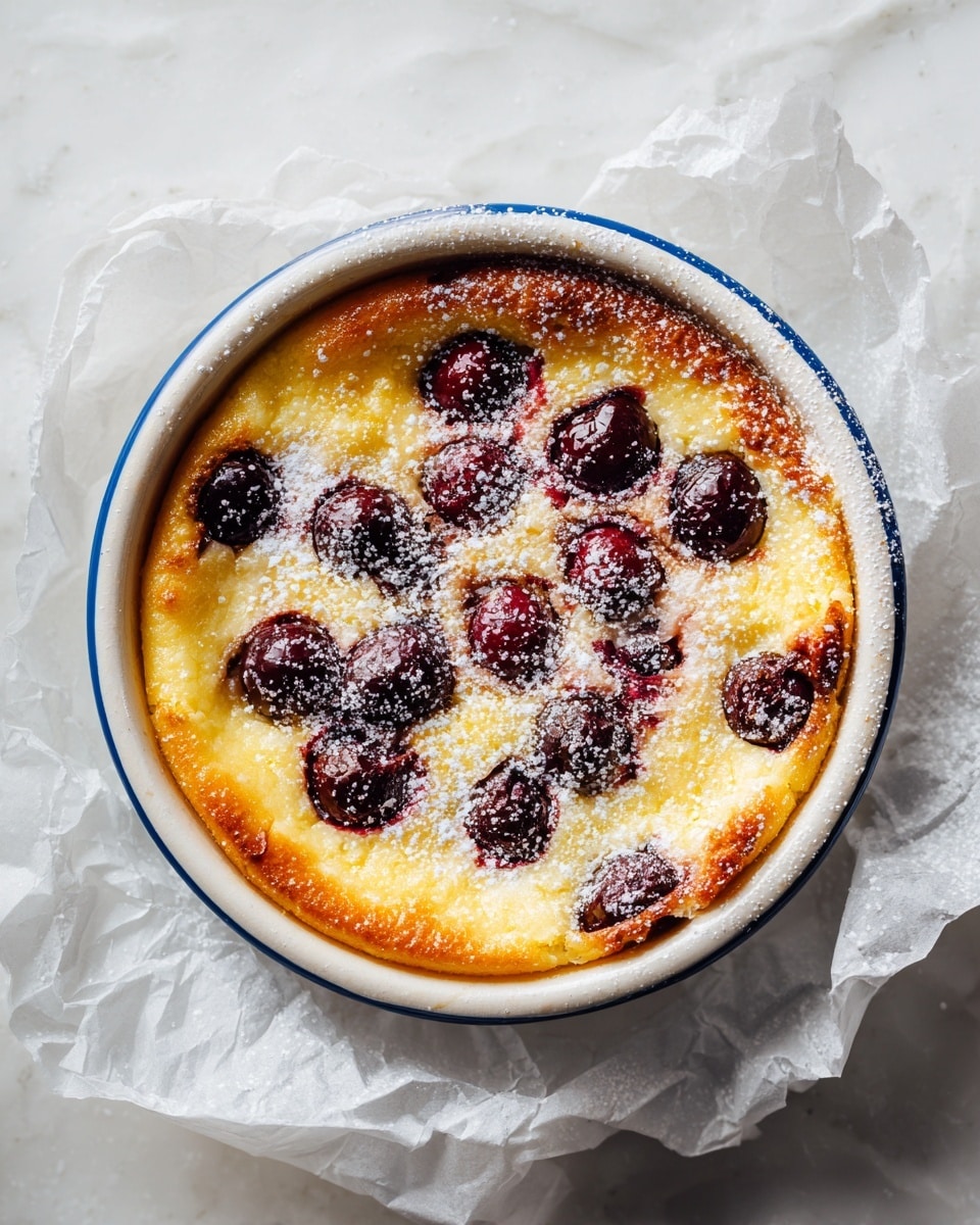 A slice of cherry clafoutis sits in a round white dish on a white marbled surface. The clafoutis has two main layers: the bottom layer is smooth, pale yellow custard, and the top layer is golden brown with a slightly crispy texture. Whole dark red cherries are embedded throughout, mostly visible on the top and middle edges. The top surface is sprinkled with powdered sugar, creating a light dusting. Some brown caramelized spots appear near the edges, adding texture to the golden topping. Photo taken with an iphone --ar 4:5 --v 7