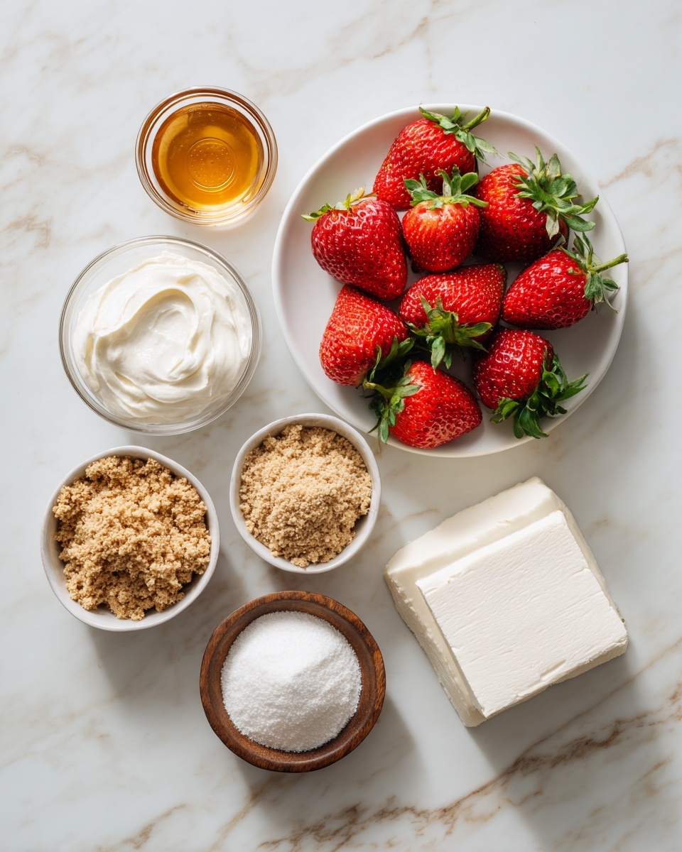 The image shows six small bowls and a white plate arranged on a white marbled surface. The white plate on the right side holds a group of red strawberries with green leaves. Around it, from top to bottom and left to right, are: a small white bowl with golden honey, a small white bowl with light brown crushed biscuits, a small glass bowl with white cream, a small brown wooden bowl with white powdered sugar, and a white bowl with a square block of white cream cheese. photo taken with an iphone --ar 4:5 --v 7