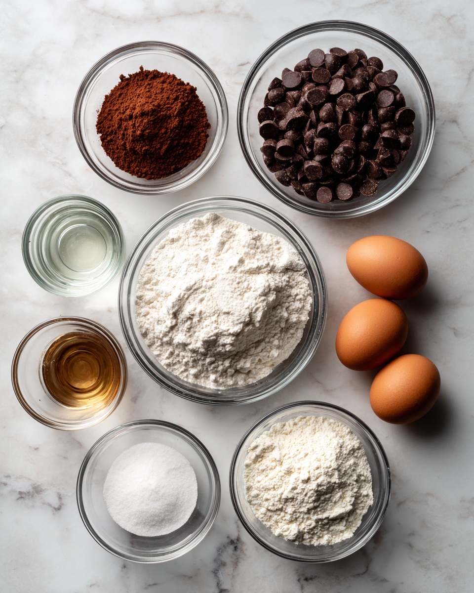 Seven clear glass bowls and two eggs are arranged on a white marbled surface. In the center is a bowl filled with white flour, to its left is a bowl with white sugar and above it a bowl with brown cocoa powder. Above the flour bowl is a bowl filled with dark brown chocolate chips. To the right of the flour bowl are two brown eggs placed side by side, above them a bowl with a clear liquid, and below that a smaller bowl containing a white powder. At the top left is a very small bowl with a clear liquid. photo taken with an iphone --ar 4:5 --v 7