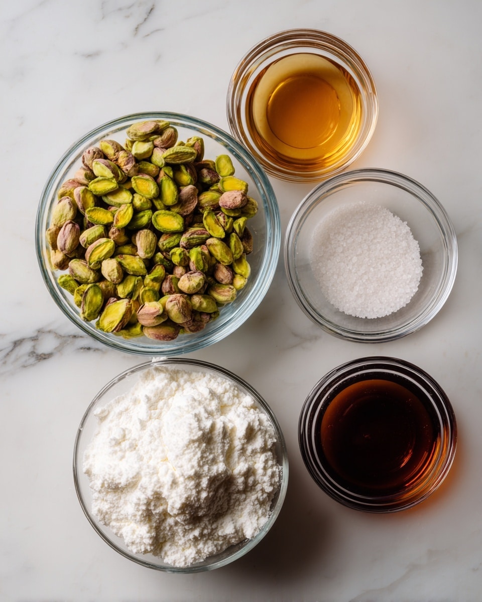 The image shows five clear glass bowls with different ingredients placed on a white marbled surface. The largest bowl in the bottom right contains a fluffy white powder. To its left is a medium bowl filled with green pistachios that have a slight yellow tint. Above the pistachios is a small bowl with a light brown liquid. To the right of that is a medium bowl with a dark brown liquid. Finally, in the top left corner, there is a small bowl containing a bit of white granulated salt. The bowls are arranged loosely in a square shape, and the natural light highlights the textures and colors. photo taken with an iphone --ar 4:5 --v 7