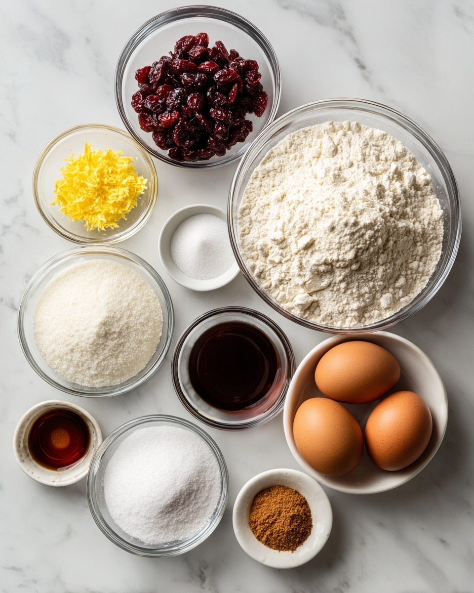 The image shows eight small clear glass bowls and two whole brown eggs placed on a white marbled surface. The largest bowl in the center holds white flour with a soft, powdery texture. To the right is a medium bowl filled with white granulated sugar, smooth and fine. Above the sugar bowl is a smaller bowl with dark red dried cranberries, wrinkled and glossy. On the top left is a small bowl with bright yellow lemon zest, finely grated. To the right of the zest bowl is a tiny bowl containing a dark brown liquid, likely vanilla extract, smooth and shiny. Below the zest bowl is a small bowl with white powder, possibly baking powder or baking soda, fine and soft. Next to it is a tiny white dish with small bits of light brown powder, likely ground ginger, rough in texture. The eggs have smooth shells with one slightly darker than the other. The items are arranged neatly with clear space between them. Photo taken with an iphone --ar 4:5 --v 7