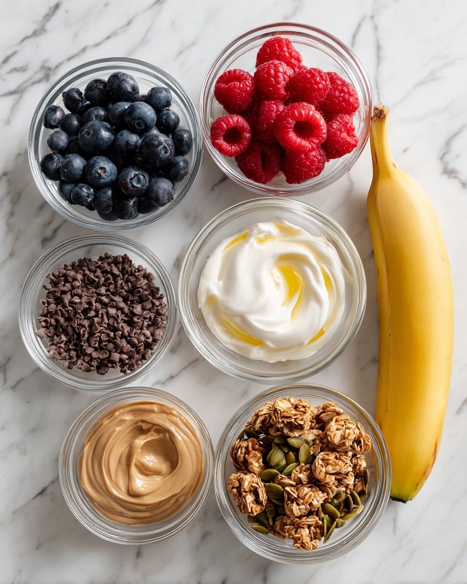 The image shows seven small clear glass bowls and one whole banana placed on a white marbled surface. From top left to right, the first bowl is filled with round, dark blue blueberries that have a soft shine, the second bowl has bright red raspberries with a bumpy texture, and the third bowl contains white yogurt mixed with honey creating a smooth, creamy layer with a golden swirl on the side. Below these, the fourth bowl contains creamy light brown peanut butter with a slightly thick texture, the fifth bowl is filled with chunky granola clusters with a light brown color mixed with tiny green pumpkin seeds, and the sixth bowl holds small, rough cocoa nibs with a dark brown shade. Next to the bowls is one whole yellow banana with a smooth peel, slightly curved. Photo taken with an iphone --ar 4:5 --v 7