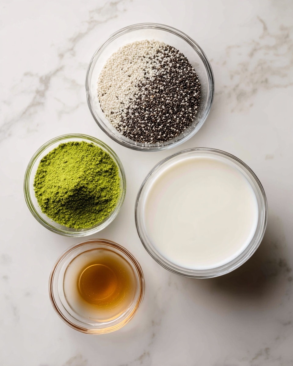 The image shows four clear glass bowls arranged on a white marbled surface. The largest bowl is filled with a smooth white liquid, likely coconut milk, positioned at the bottom right. Above it to the left is a medium bowl filled with black and white chia seeds, displaying a speckled texture. To the left of the chia seeds is a small bowl containing bright green powder, with a fine, powdery texture. Below the green powder is another small bowl filled with a thin layer of golden-brown liquid, showing a transparent, shiny surface. Photo taken with an iphone --ar 4:5 --v 7