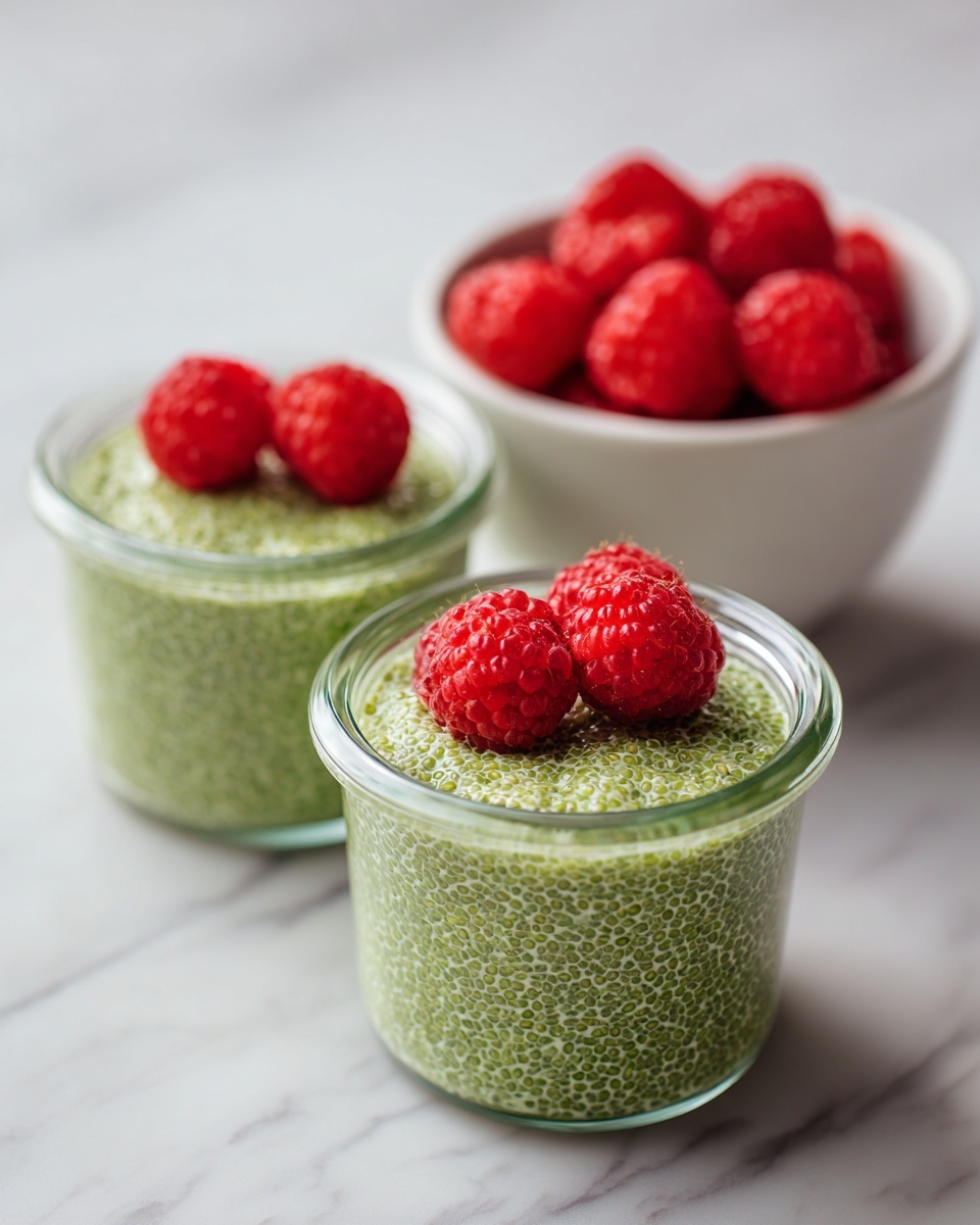 The image shows two clear glass jars filled with a thick green chia pudding, each topped with two bright red raspberries. The pudding has a textured and slightly bumpy surface from the chia seeds. In the background, there is a small white plate with more red raspberries on it. The jars and plate are placed on a white marbled surface that adds a soft, clean look to the scene. The focus is close up, highlighting the rich colors and textures of the chia pudding and raspberries. photo taken with an iphone --ar 4:5 --v 7