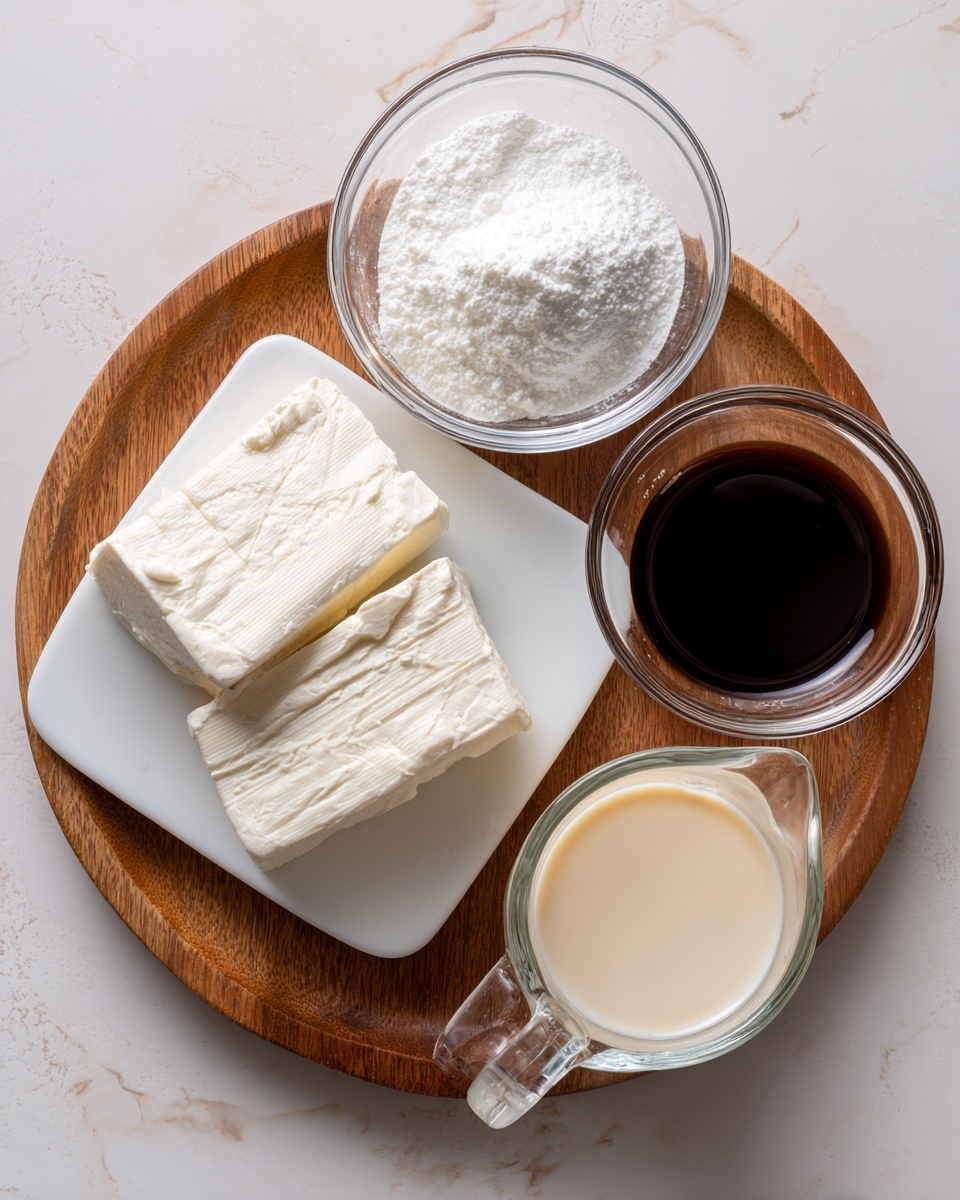 A wooden surface holds four clear glass containers and one white plate. On the white plate, there are two rectangular blocks of soft cream cheese, creamy white and smooth in texture with slight ridges. One glass bowl contains fluffy white powdered sugar with a fine, soft texture. A smaller glass bowl holds dark brown vanilla extract with a liquid consistency. Next to it, a glass measuring cup filled with creamy light beige milk with a smooth surface sits. The items are neatly arranged, showcasing simple baking ingredients on a white marbled texture. photo taken with an iphone --ar 4:5 --v 7