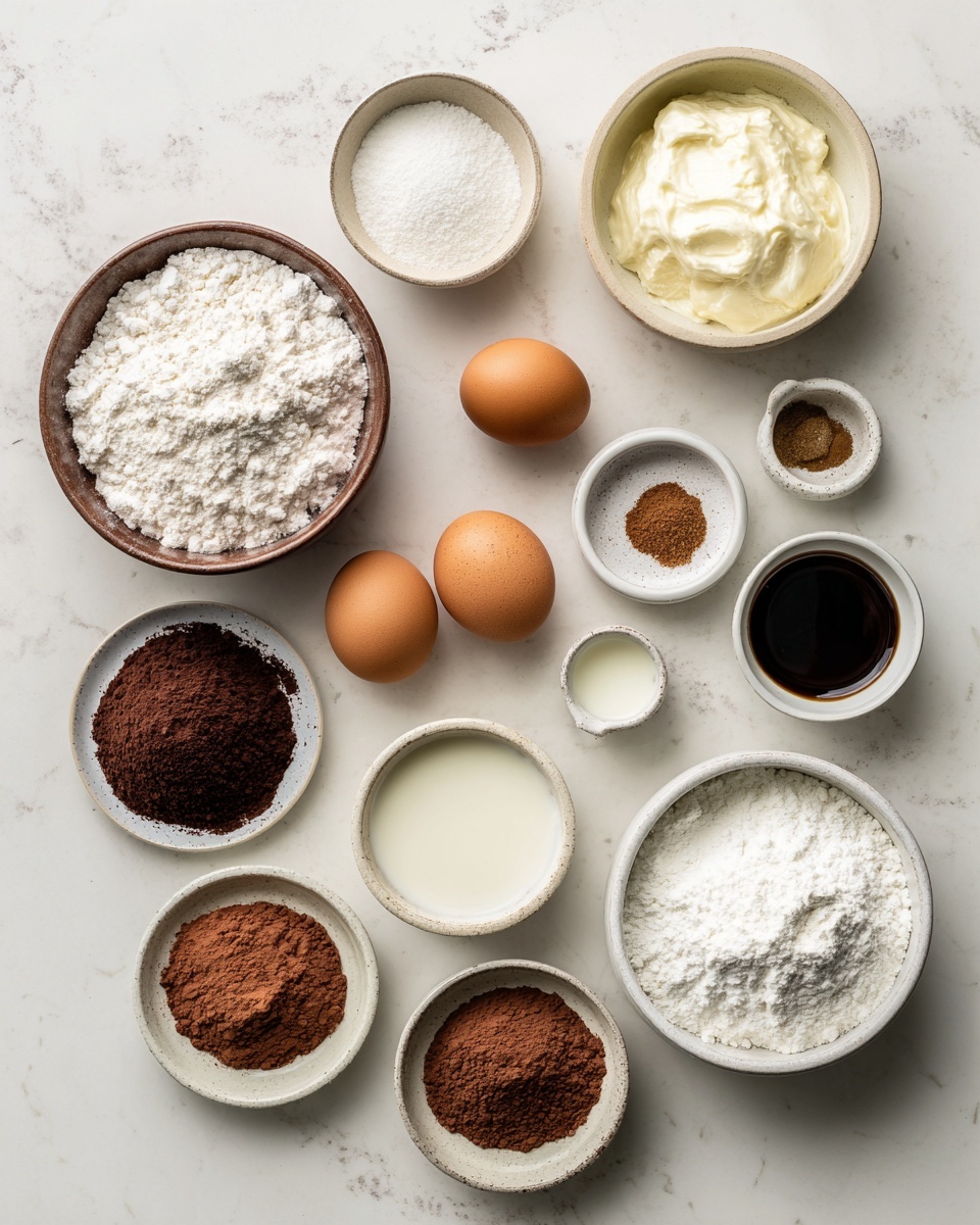 The image shows various baking ingredients arranged neatly on a white marbled surface. There are two whole brown eggs placed near the center, surrounded by small white bowls and dishes holding different powders and liquids. A brown bowl on the left contains white flour. A white bowl below it holds powdered sugar. A small white plate near the top center has four parts of spices in light brown, white, and off-white. A few small white cups contain dark brown vanilla extract, white milk, and a creamy white yogurt-like substance. There are two small white bowls with cocoa powder in different shades of brown and a larger white bowl filled with white sugar. All elements are spaced evenly, creating a clean and organized look. Photo taken with an iphone --ar 4:5 --v 7