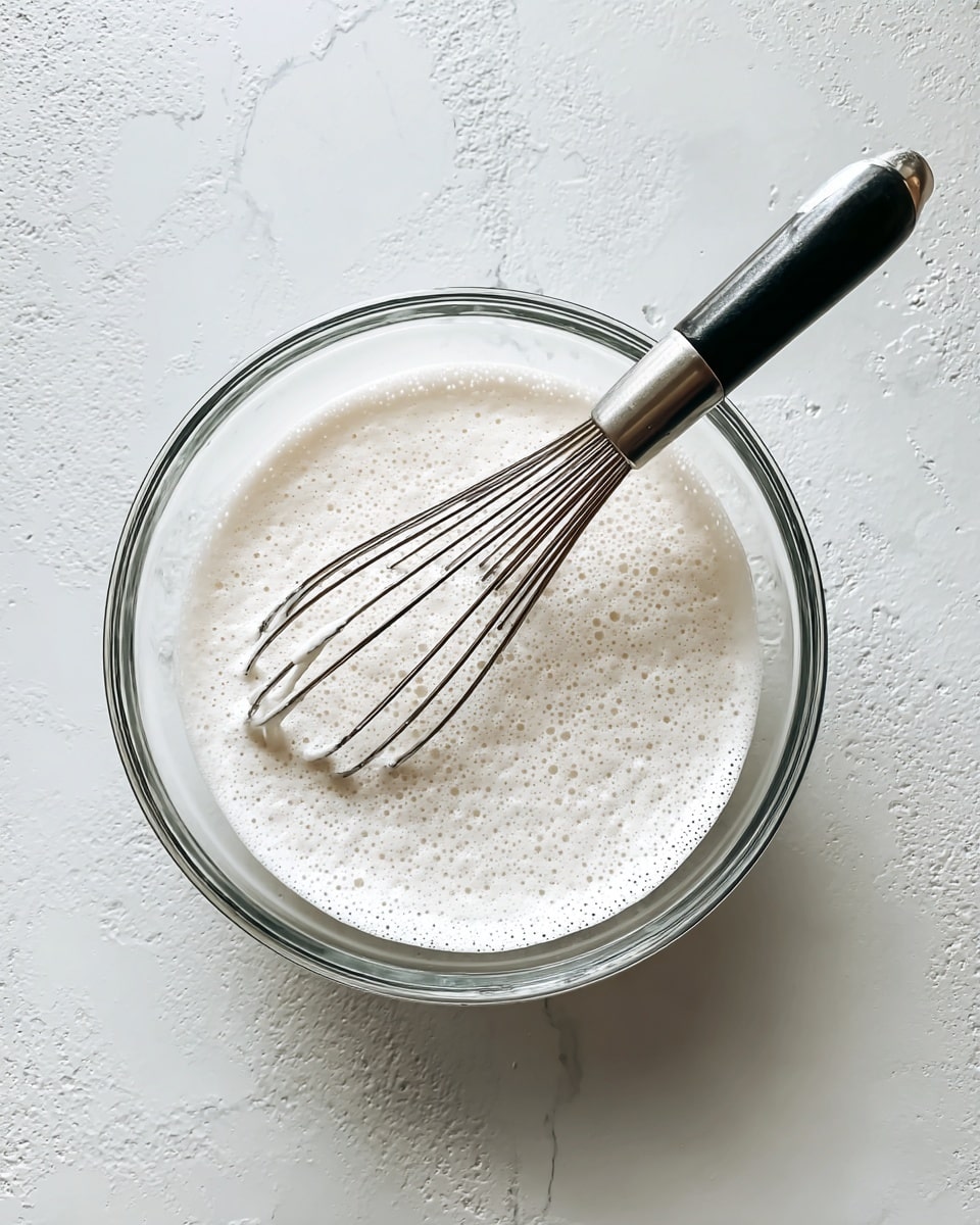 A clear glass bowl holds a single layer of white fluffy foam with small bubbles, creating a light and airy texture. A metal whisk with a black handle sits diagonally inside the bowl, partially submerged in the foam. The bowl is placed on a white marbled surface that provides a clean, neutral background. Photo taken with an iphone --ar 4:5 --v 7