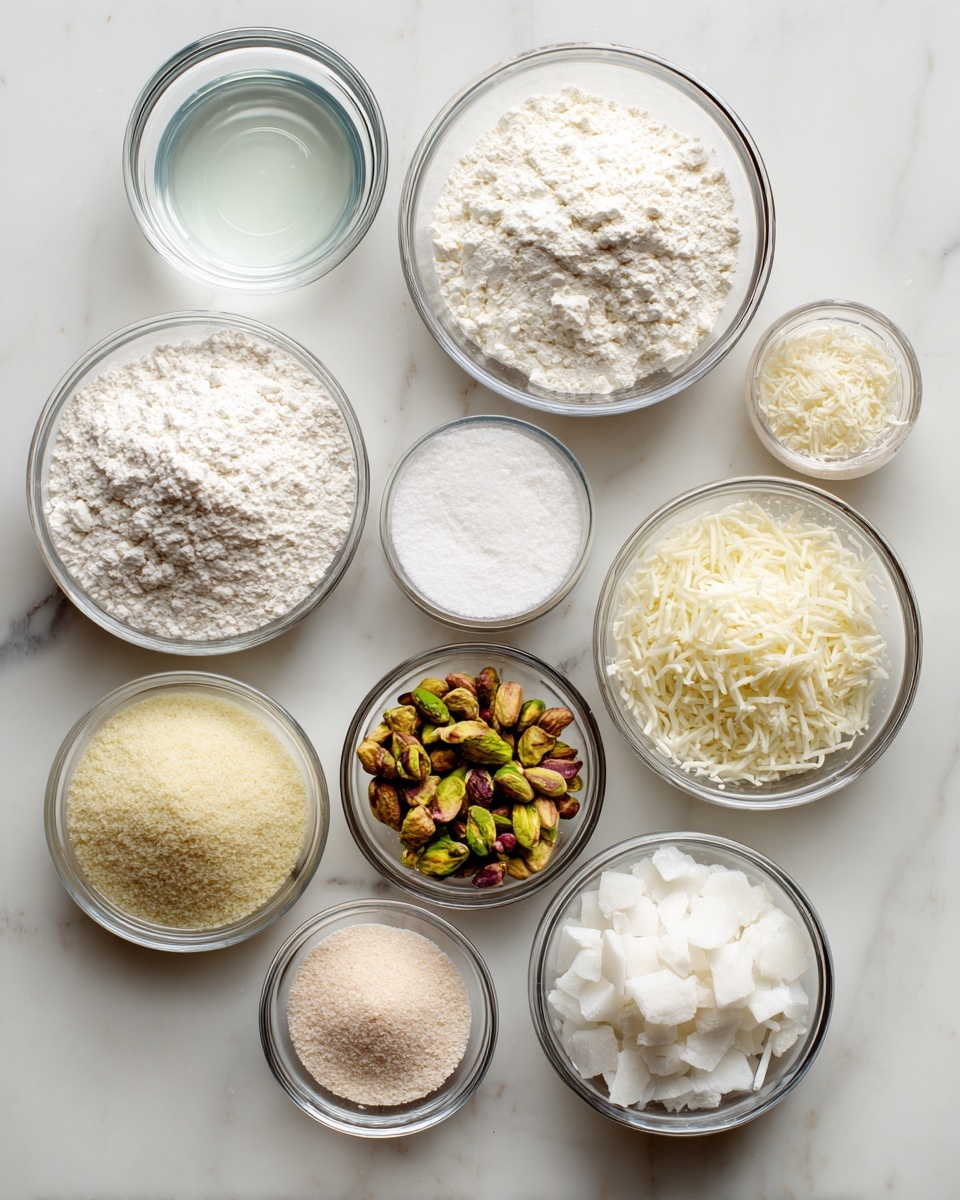A top-down view of ten clear glass bowls placed on a white marbled surface, each holding different baking ingredients. From left to right in the top row, the first bowl holds a small amount of clear liquid, the second bowl contains white flour with a powdery texture, the third bowl is filled with shredded white cheese, and the fourth bowl has a white liquid. In the bottom row, the first bowl holds a pale yellow grainy powder, the second is a tiny bowl with three small white and light brown powders, the third is a medium bowl filled with fine white sugar, the fourth has chopped green and brown pistachios, and the last bowl contains white crumbly coconut flakes. The ingredients are neatly arranged with clear separation between each bowl. Photo taken with an iphone --ar 4:5 --v 7