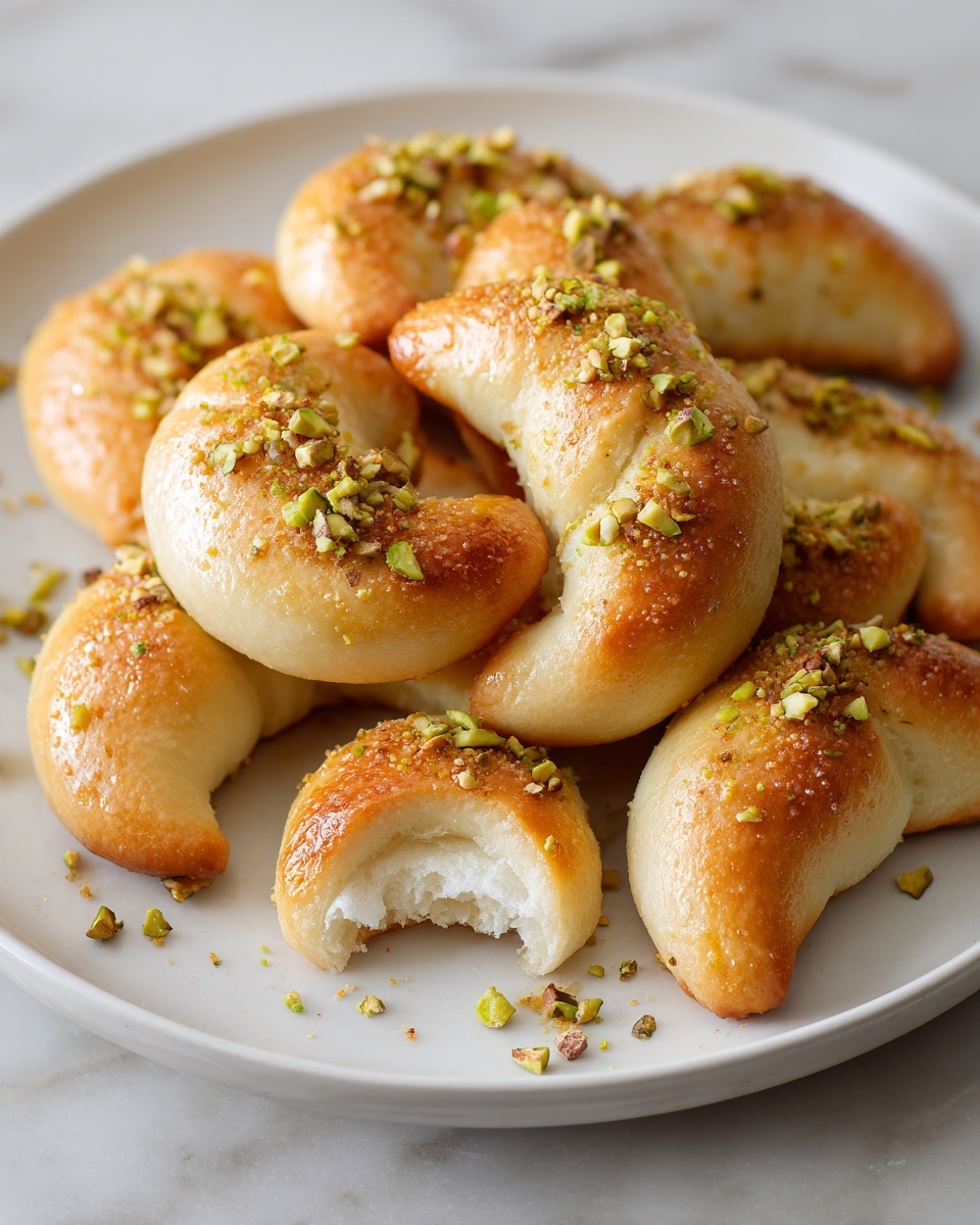 A white plate holds nine golden-brown half-moon shaped pastries arranged in a loose circle. Each pastry has a slightly crispy, smooth texture with some small cracks, and is topped with small pieces of crushed green pistachios. One pastry in the front has a bite taken out of it, revealing a soft, white inside. The plate is placed on a white marbled surface. photo taken with an iphone --ar 4:5 --v 7