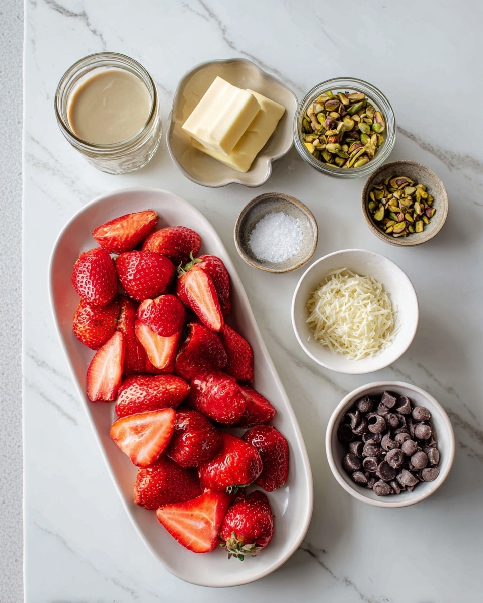 The image shows an overhead view of several small dishes on a white marbled surface, each holding different ingredients. At the center is an oval white plate filled with bright red, halved strawberries, their flesh and seeds visible. Surrounding the strawberries, there are small round bowls containing various items: one bowl with pale beige thick liquid, another with two small rectangles of light yellow butter, a third with crushed green pistachios, a fourth with fine off-white shredded strands, and a fifth with small dark brown chocolate chips. Additionally, a small white bowl contains a pinch of white granulated salt, and there is a glass jar filled with a greenish-yellow thick sauce or paste. Photo taken with an iphone --ar 4:5 --v 7