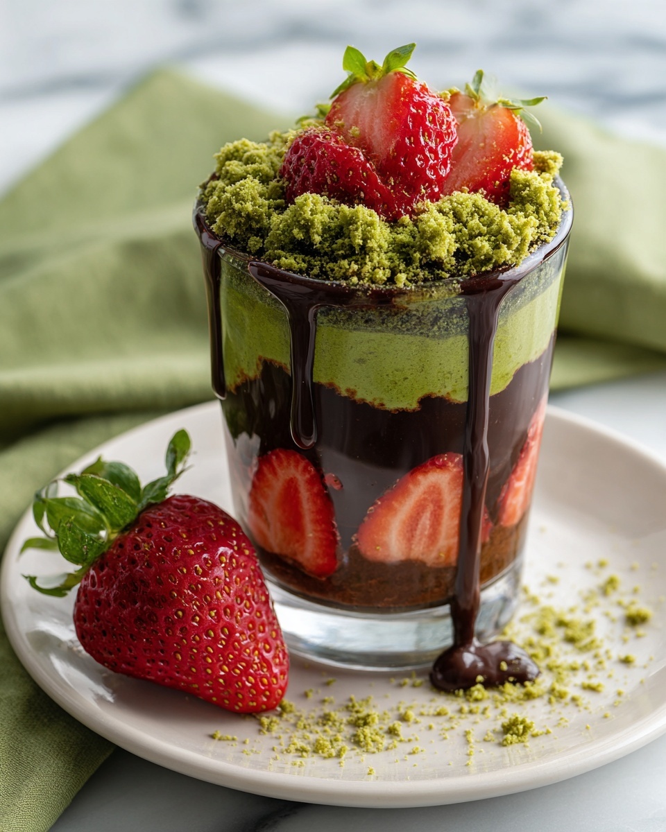 A clear glass cup shows a dessert with four layers: the bottom layer has red strawberries, the second layer is thick dark chocolate cream spread unevenly on the sides, the third layer consists of small green crushed nuts mixed with thin yellow biscuit sticks, and the top layer is a dense cover of the same green nut and biscuit mix. The cup sits on a white plate, next to a whole and a half strawberry. The surface is white marble with a soft green cloth on the side, and blurred jars with similar dessert are in the background. Photo taken with an iphone --ar 4:5 --v 7