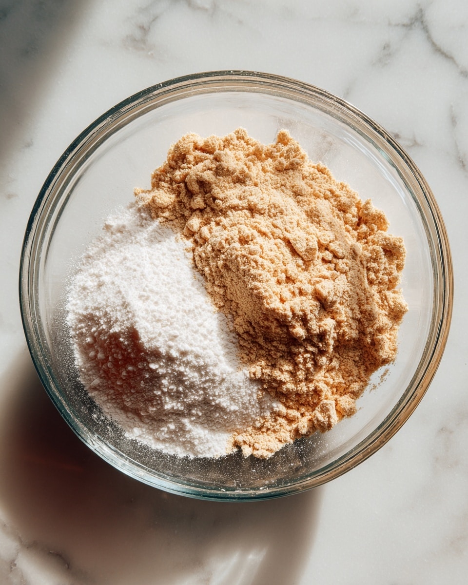 A clear glass bowl sits on a white marbled surface, filled with a light tan powder that looks crumbly and grainy. Next to the tan mixture is a small pile of white powder, both powders resting side by side. The bowl is round and transparent, showing the powders clearly inside. Photo taken with an iphone --ar 4:5 --v 7