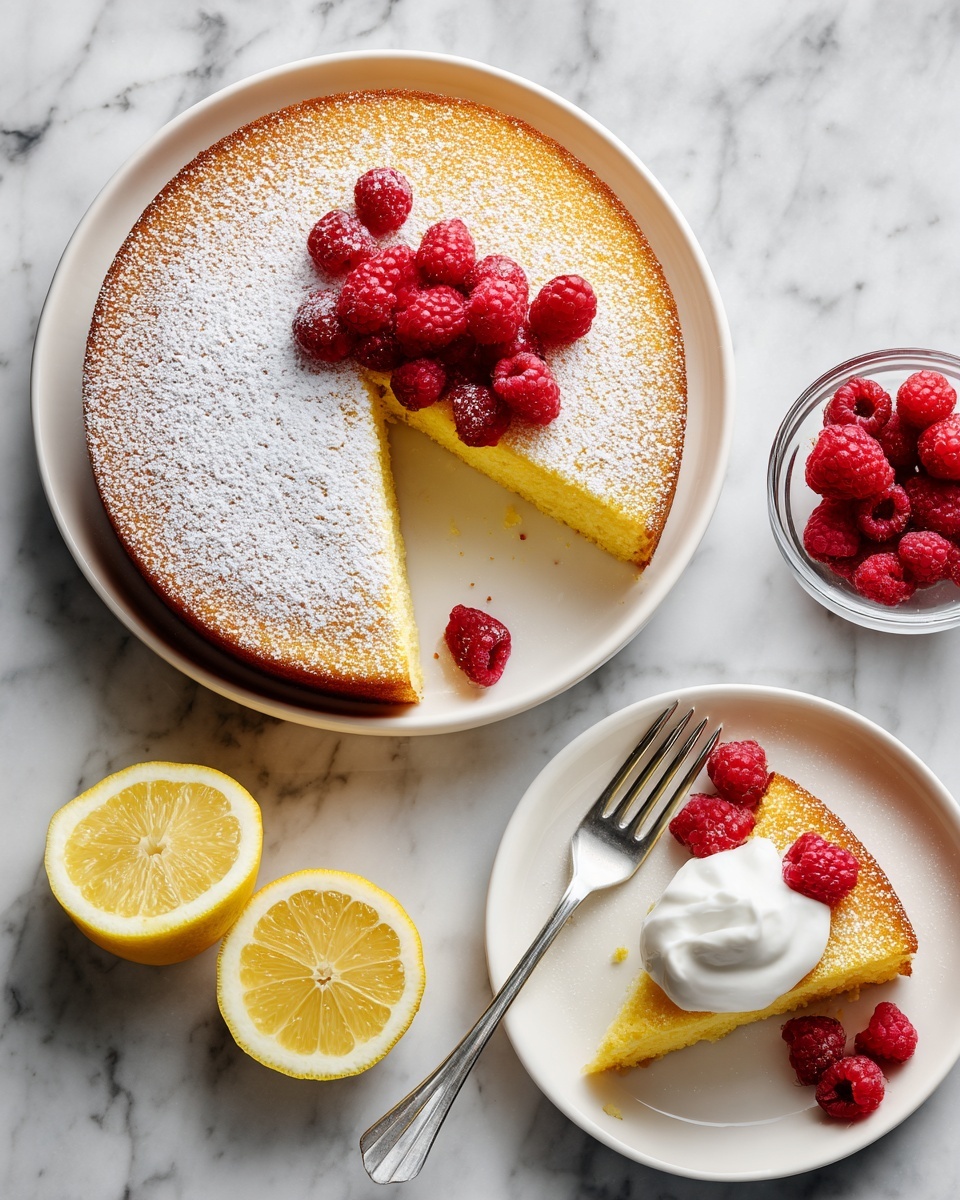 A round lemon cake with one slice taken out sits on a white plate on a white marbled surface. The cake is a light golden brown color, smooth and dusted with a layer of white powdered sugar on top. The removed slice is placed on a smaller white plate nearby, topped with a dollop of white cream and three bright red raspberries. Next to the cake is a clear glass bowl filled with more fresh red raspberries and two halves of a bright yellow lemon. A silver fork rests on the small plate. Photo taken with an iphone --ar 4:5 --v 7