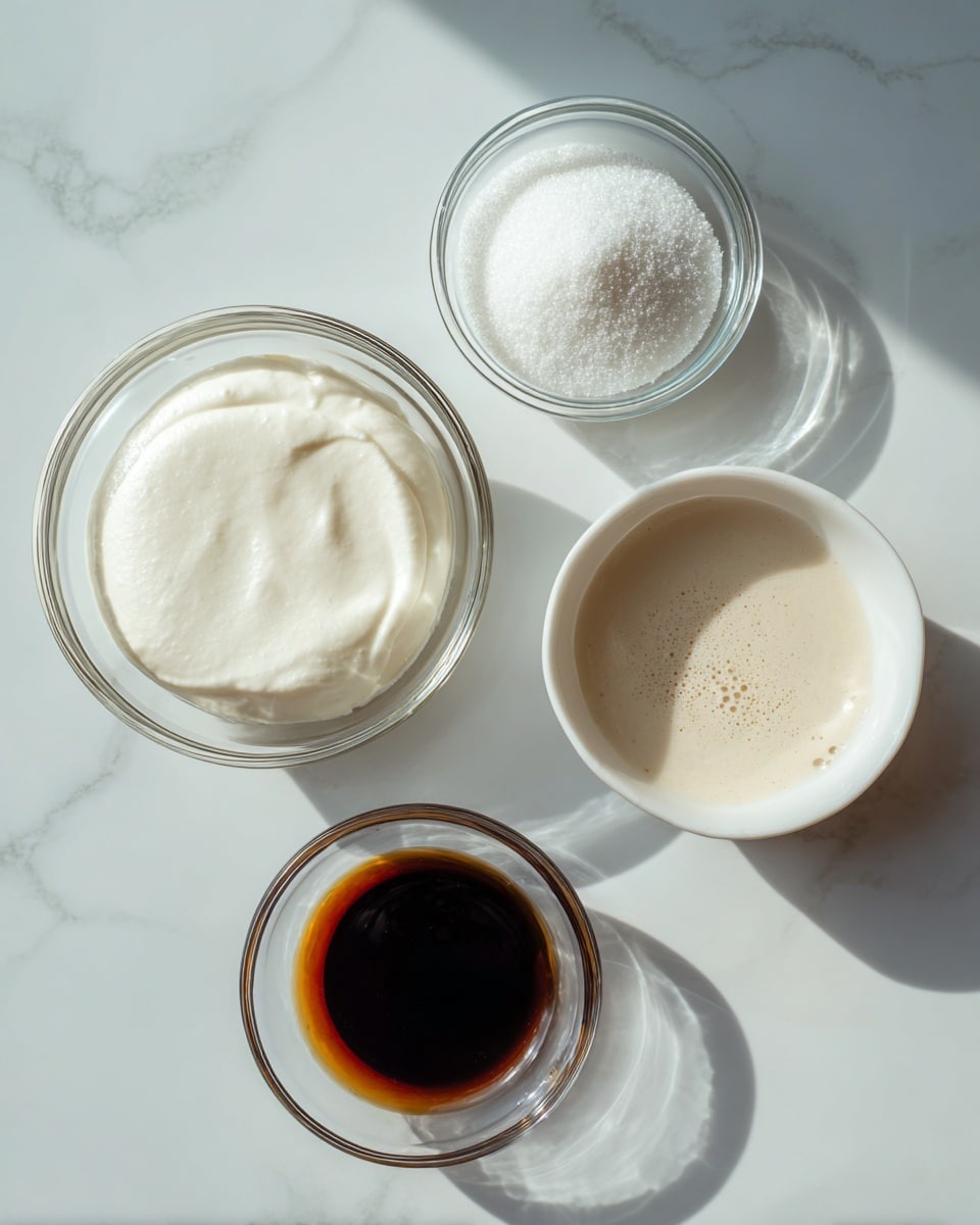 The image shows four clear and white bowls placed on a white marbled surface. The largest bowl on the left contains a smooth, white cream-like mixture. Above it, a small clear bowl holds a fine white powder, likely salt or sugar. To the right, a white bowl is filled with a light beige liquid with a few bubbles on the surface. Below this bowl, a small clear bowl contains a dark brown liquid, probably vanilla extract. The bowls are arranged in a loose square with the largest bowl taking the most space in the bottom left corner. The lighting is bright and natural, creating soft reflections on the smooth surfaces. Photo taken with an iphone --ar 4:5 --v 7