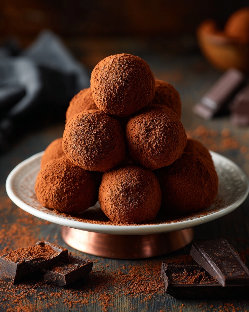 A dark brown plate filled with a pile of round chocolate truffles, each covered in a fine layer of cocoa powder giving them a slightly rough texture. The truffles are stacked in a loose pyramid shape with some in front and others piled behind. The plate is on a short copper stand with a shiny, warm metallic color. The background is blurred, showing a soft mix of dark tones, and the surface below the stand is white marbled texture. A few small pieces of dark chocolate rest casually beside the plate. Photo taken with an iphone --ar 4:5 --v 7