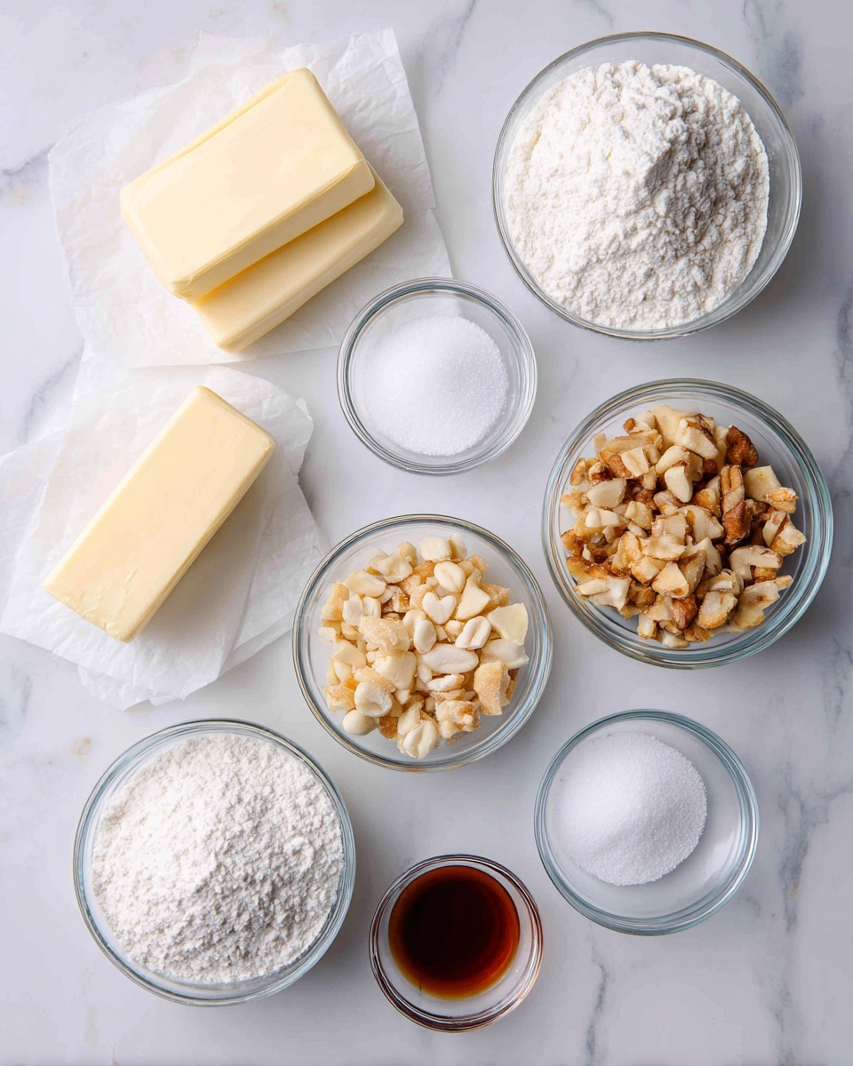 The image shows seven small clear glass bowls placed on a white marbled surface. Two sticks of pale yellow butter rest on white parchment paper on the left. Moving right, there's a small bowl of white granulated sugar, a larger bowl filled with white flour, a medium bowl with chopped nuts having a light brown and beige color, a small bowl with white powdered sugar, a tiny bowl containing fine white salt, and a small bowl with light brown vanilla extract. The arrangement is neat and evenly spaced. Photo taken with an iphone --ar 4:5 --v 7