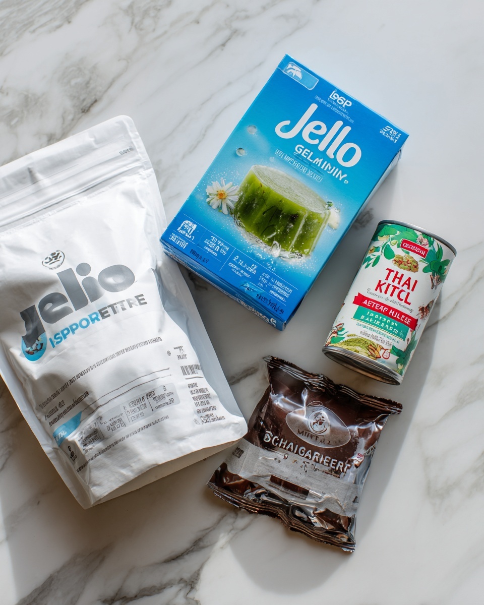 The image shows four food packaging items placed on a white marbled surface. There is a large white bag of Isopure protein powder with light blue and grey text on the left. Next to it, there is a blue box of Jell-O gelatin with an image of green gelatin on the front. To the right of the Jell-O, there is a can of Thai Kitchen coconut milk with green, white, and red label colors. Finally, there is a small brown package of Scharffen Berger bittersweet chocolate, partially opened, with silver and brown tones. photo taken with an iphone --ar 4:5 --v 7