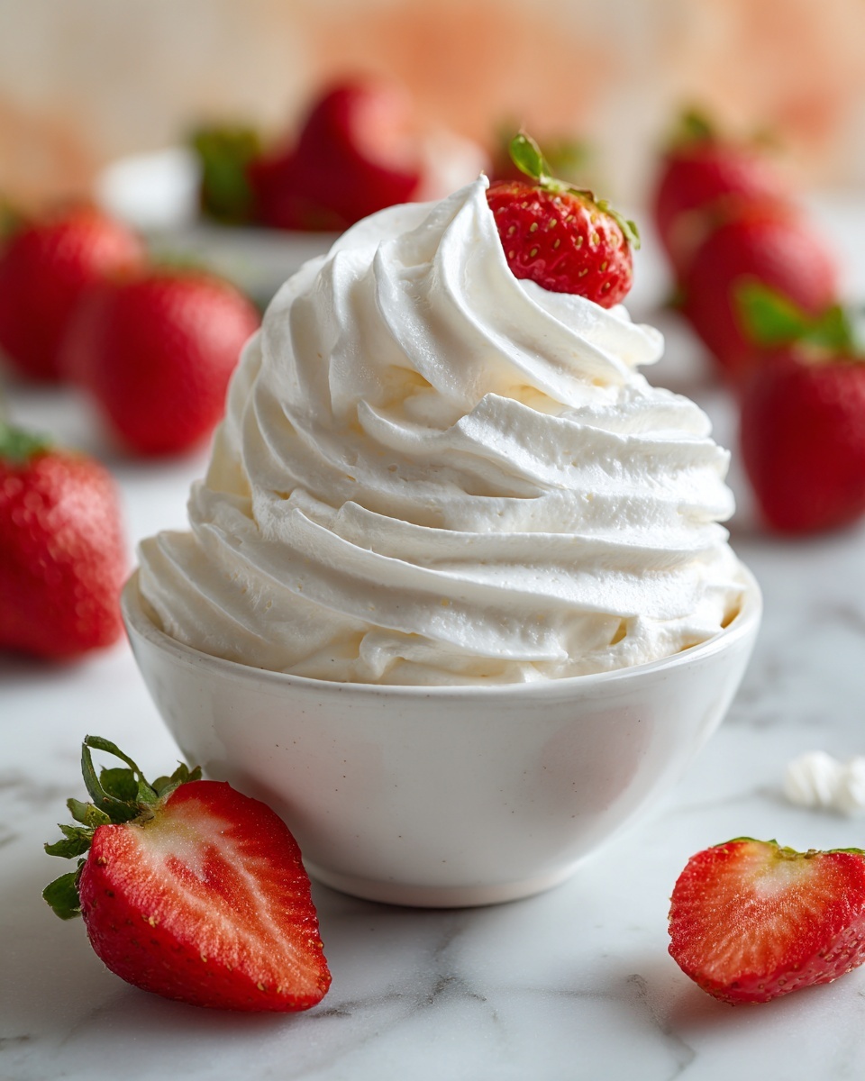 A white baking dish is filled with a large swirl of smooth, white whipped cream, which is piped in thick, wavy layers rising high above the rim. On top of the cream sits a bright red strawberry slice, adding a pop of color and freshness. There is a half strawberry placed near the base of the dish on a white marbled surface, with a blurred background that shows whole strawberries in red hues, making the whipped cream the main focus. The texture of the cream looks soft and fluffy, creating a light and airy appearance. photo taken with an iphone --ar 4:5 --v 7