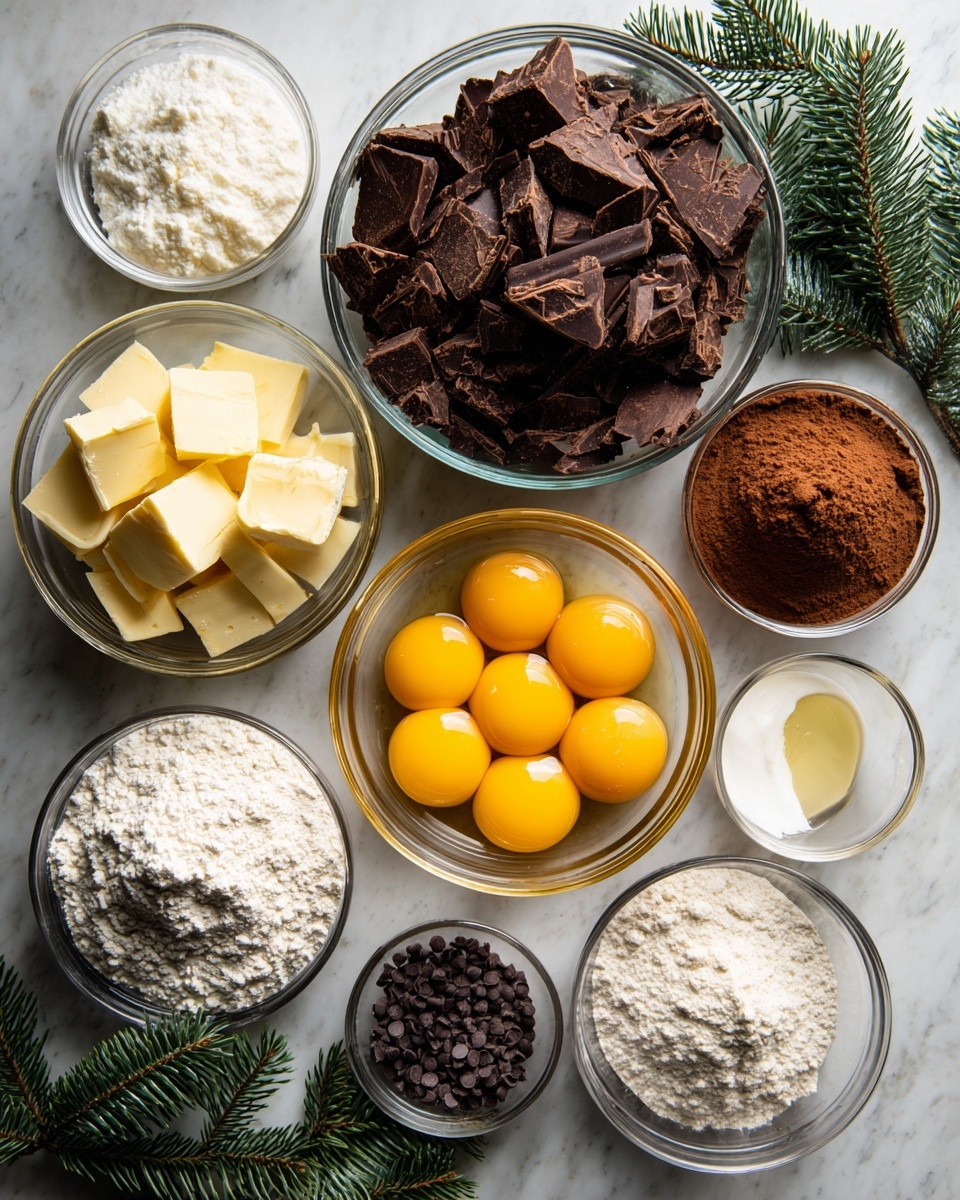 The image shows a white marbled surface with several clear glass bowls arranged neatly, each holding different baking ingredients. At the top center, there's a large bowl filled with rough chopped dark chocolate pieces, next to a smaller bowl on the right containing cocoa powder with a rich brown color. Below the chocolate, there is a medium bowl with five raw eggs showing bright yellow yolks and clear whites. To the left of the eggs is a bowl with even yellow cubes of butter. Other bowls hold white powdered sugar, white cream cheese or sour cream, small black baking chips, white flour, granulated sugar, light brown vanilla extract, milk, and a small white powder likely baking powder or baking soda. Around the bowls, small green pine twigs decorate the scene, adding a festive look. Photo taken with an iphone --ar 4:5 --v 7