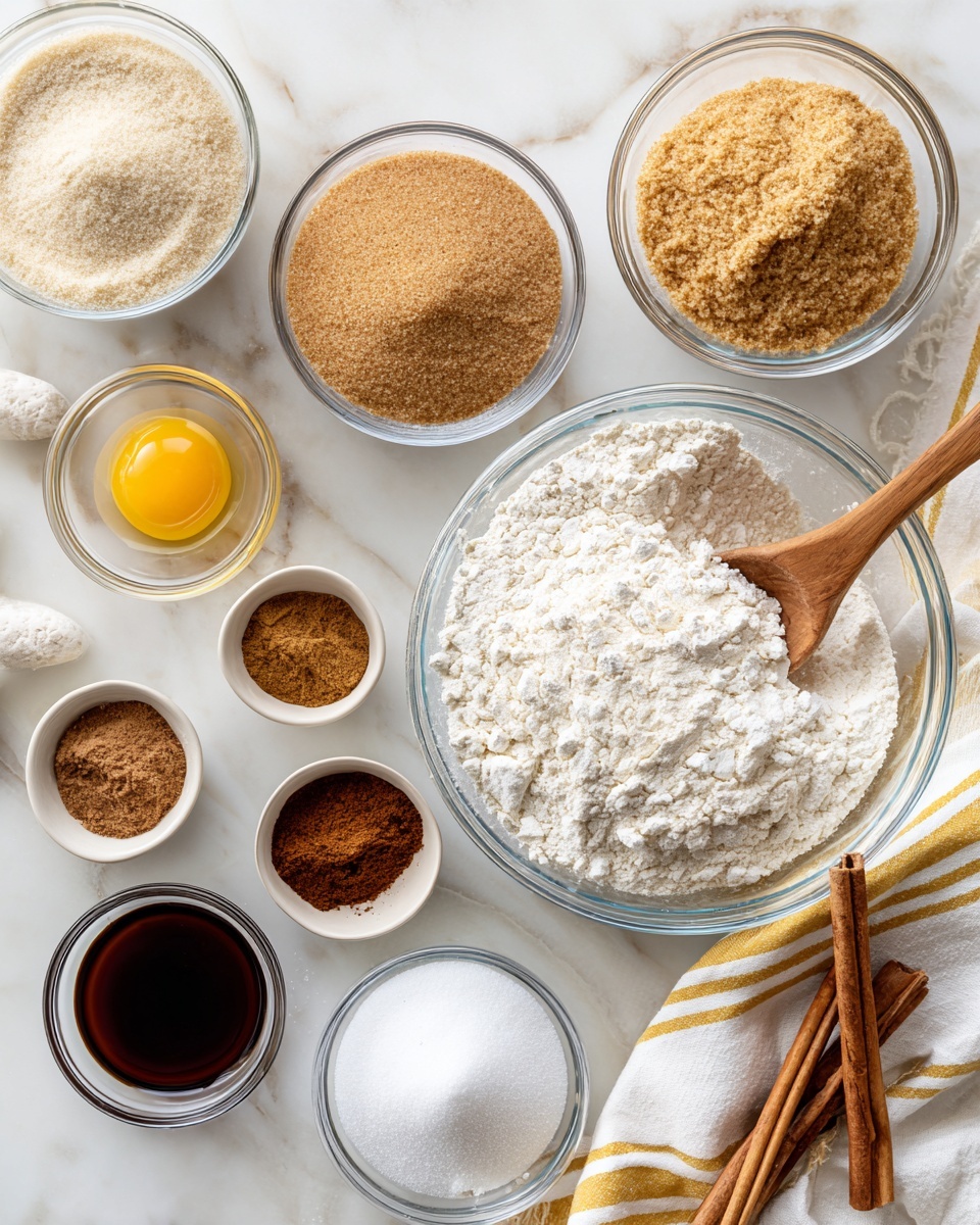 The image shows multiple clear glass bowls arranged on a white marbled surface, each filled with different baking ingredients. In the center right is a large bowl filled with white flour and a wooden spoon partially buried in it. Above it to the left is a medium bowl filled with light brown sugar, and below that a smaller bowl with darker brown sugar. Next to the large flour bowl, there are three small bowls containing brown spices, including ground cinnamon and nutmeg. To the left of the sugar bowls is a bowl with dark liquid, most likely vanilla extract, and below it a bowl with a single raw egg, showing the yellow yolk and clear white. At the bottom center is a large bowl filled with white granulated sugar. There are two cinnamon sticks placed near the top right, next to a white cloth with yellow and gray stripes. The composition is neat and bright with a soft natural light. Photo taken with an iphone --ar 4:5 --v 7
