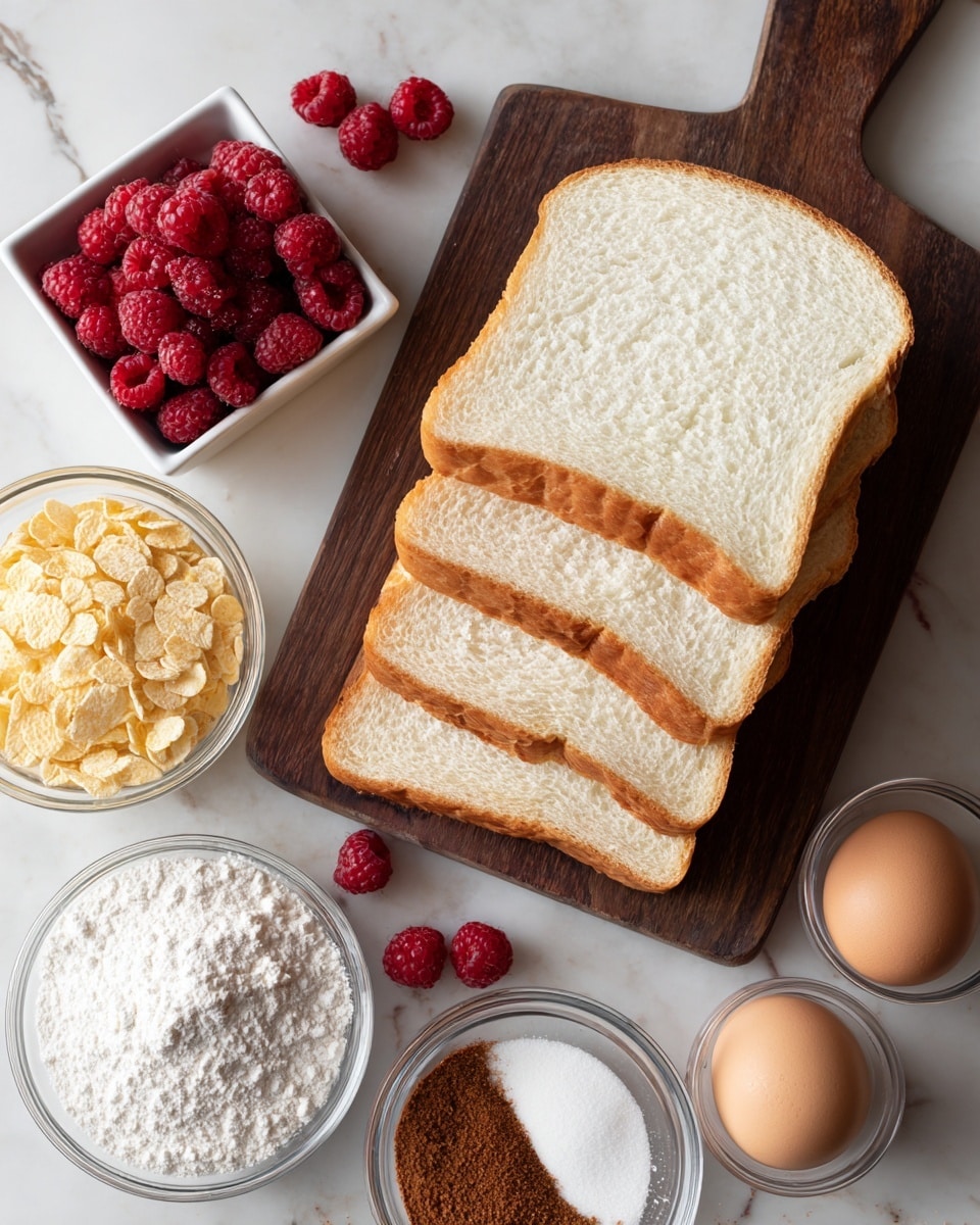 The image shows four slices of white bread stacked on a dark wooden board placed on a white marbled surface. Around the bread, there are small clear glass bowls with various ingredients: one bowl is filled with light yellow cornflakes, another with white flour, and a third with two raw eggs. Near the bottom, there are also bowls containing white granulated sugar, vanilla extract, baking powder, and cinnamon powder. In the top left corner, there is a small white square bowl filled with red raspberries. A few raspberries are scattered around the board, adding a pop of red color. The whole setup is neatly arranged and well-lit to highlight the textures and colors. photo taken with an iphone --ar 4:5 --v 7