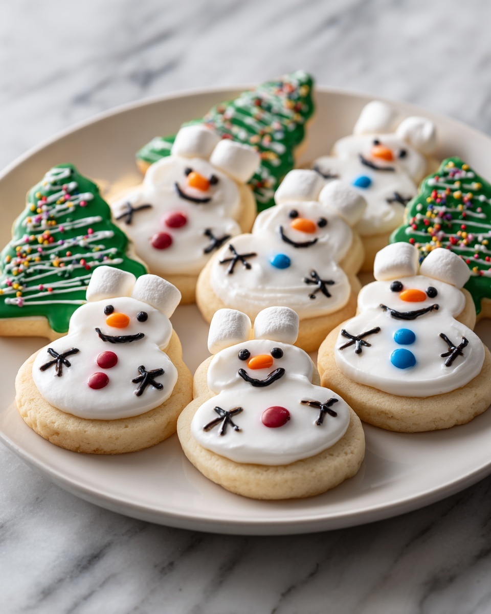 A white plate filled with round snowman cookies and a couple of Christmas tree cookies. Each snowman cookie has two layers: a light golden brown base and a smooth white icing top. On top, small black and orange icing details form the face with two black eyes and a carrot-shaped orange nose, plus small black dots for the mouth. The bodies have two colorful candy buttons, either red, blue, or green, and two black stick arms painted with icing. The head is a small white marshmallow placed on the top edge of each cookie. The Christmas tree cookies have a similar golden base covered with green icing shaped like pine branches, decorated with white zigzag icing and colorful sprinkles in pink, blue, orange, and yellow. The plate is set on a white marbled surface. Photo taken with an iphone --ar 4:5 --v 7