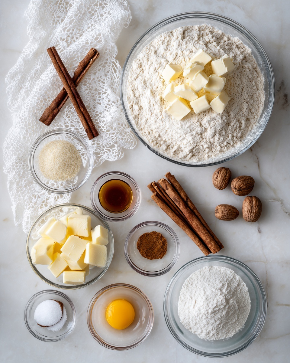A flat lay image on a white marbled surface shows baking ingredients arranged neatly: a large clear glass bowl filled with white flour has small chunks of butter on top, next to a white lace cloth with a single cinnamon stick on it; below are several small clear glass bowls containing pale yellow cubed butter, one raw egg with visible yolk and white, white granulated sugar, and small amounts of salt, cinnamon powder, and ground nutmeg; a small bowl of vanilla extract is near two more cinnamon sticks and a whole nutmeg, and a large empty clear glass bowl completes the arrangement. photo taken with an iphone --ar 4:5 --v 7