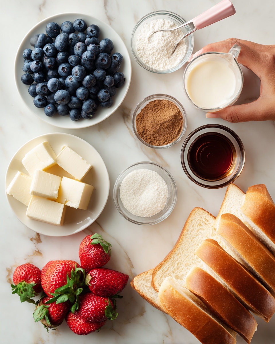 The image shows multiple ingredients laid out on a white marbled surface, including a round white plate with fresh blueberries on the left half and red strawberries with green leaves on the right half, small clear bowls with cubes of butter, dark brown vanilla extract, light brown cinnamon powder, cocoa powder, and white sugar arranged around a measuring cup filled with white cream held by a woman's hand with a pink handle. At the bottom right, there are thick, soft slices of golden-brown bread with a shiny crust stacked overlapping. photo taken with an iphone --ar 4:5 --v 7