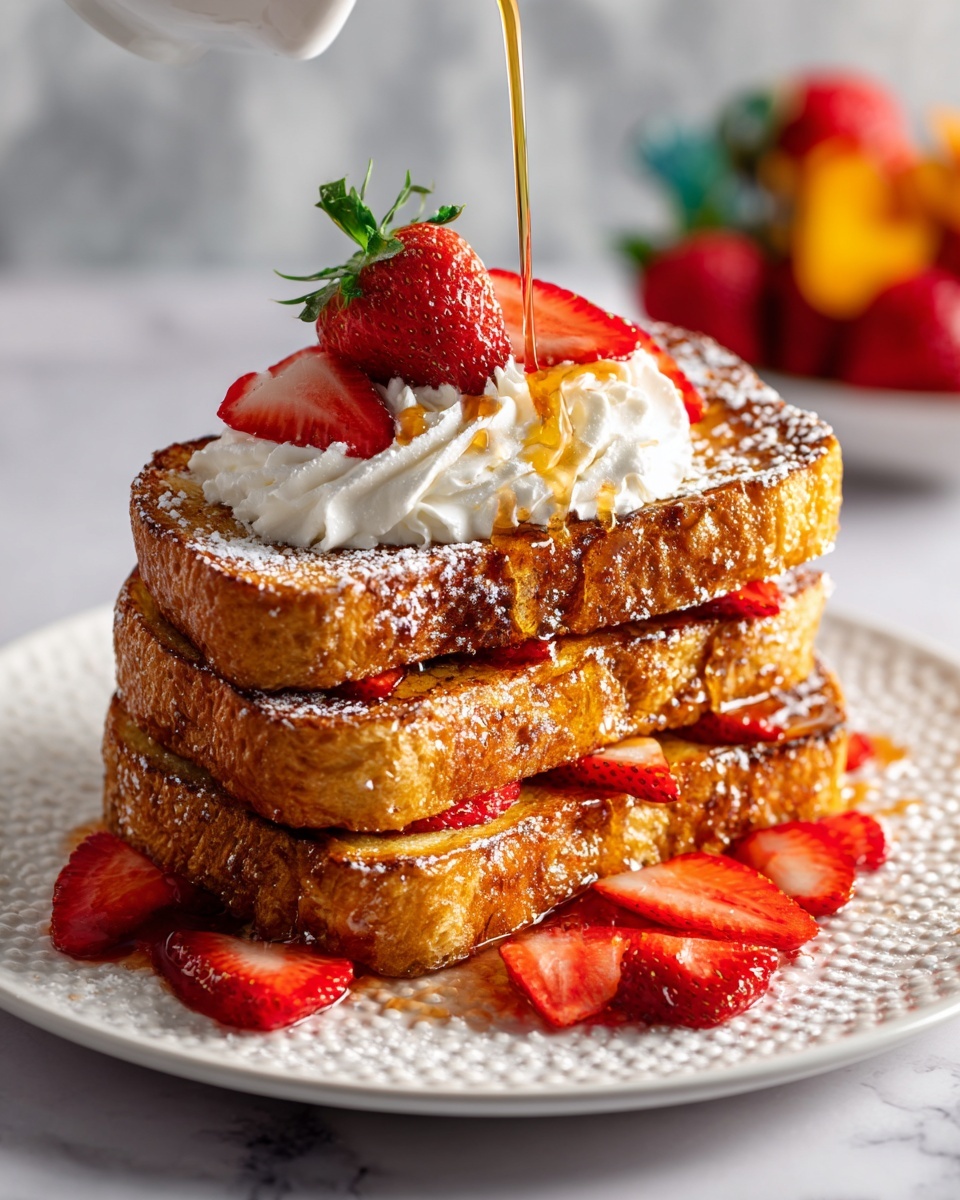 A stack of three thick, golden brown French toast slices sits on a white plate with a subtle textured edge, resting on a white marbled surface. The top slice has a dollop of white whipped cream that looks soft and fluffy, crowned with a bright red half strawberry showing its seeds and fresh green leaf at the stem. More strawberry halves surround the plate, adding bright red and green accents. Golden syrup is being poured from above, glistening as it drips over the top slice and down the sides, highlighting the crispy edges and soft interior texture of the toast. Photo taken with an iphone --ar 4:5 --v 7