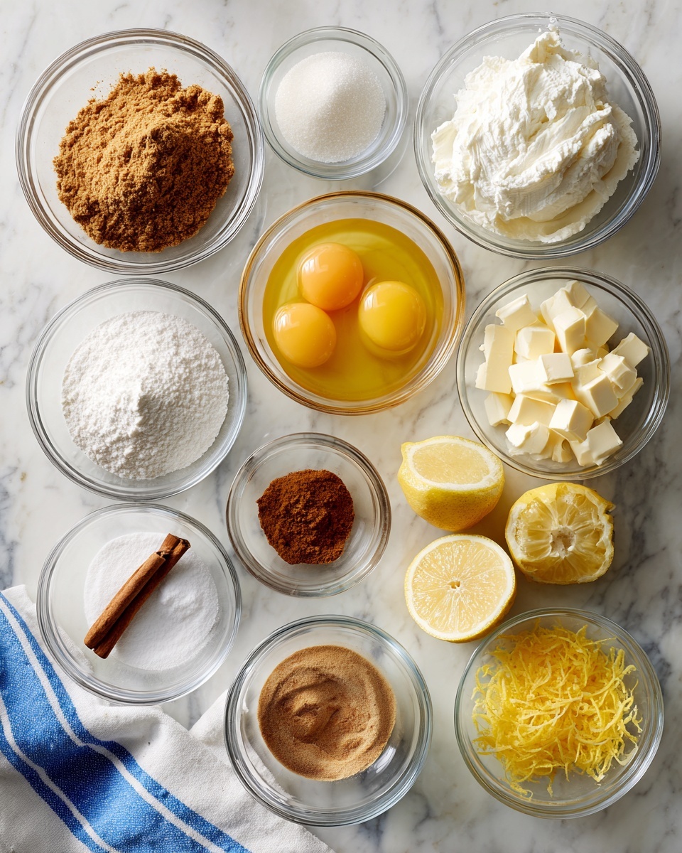 A top view of many small clear glass bowls arranged neatly on a white marbled surface with a white and blue striped cloth on the side. The bowls hold different ingredients: one bowl with light brown fine crumbs, another with white sugar, one with two raw eggs showing bright yellow yolks, a larger bowl with a white fluffy soft cheese, one with small cubed yellow butter, another with a white creamy substance, a small bowl with a brown cinnamon stick next to a small round pile of brown cinnamon powder, a small bowl with a beige syrup, two lemon halves and lemon slices with bright yellow peel and pale yellow inside, and a small bowl containing bright yellow lemon zest. The bowls are spaced evenly, creating a tidy and clear layout. photo taken with an iphone --ar 4:5 --v 7
