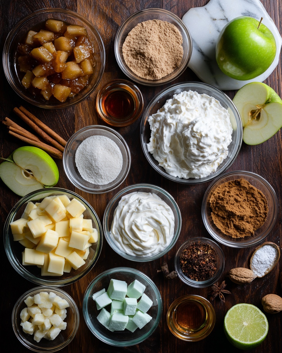 A top view of several clear glass bowls of different sizes arranged neatly on a dark wooden surface with small pieces of green apple, cinnamon sticks, and halved green apple around them. The bowls hold a range of ingredients: a bowl with caramelized apple chunks in syrup, a bowl with light brown powdered nuts or flour, a large bowl with fluffy white whipped cream, another bowl with thick white cream, a bowl with pale blue sugar crystals, a bowl with golden-yellow cubes of butter, a small bowl with dark brown spices, another small bowl with reddish brown spices, a bowl with white granulated sugar, and a bowl with speckled ground nuts or spices. A halved lime and a whole green apple sit nearby on a white marbled surface, along with a small glass bowl of dark amber liquid. photo taken with an iphone --ar 4:5 --v 7