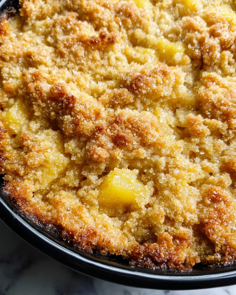 A close-up view of a round glass baking dish filled with pineapple bread pudding, showing a golden-brown crumbly top layer with a slightly crispy texture and scattered light brown sugar crystals. The inside layer is soft and moist with a pale yellow color, speckled with small pineapple pieces. A silver spoon scoops out a portion from the bottom right, revealing the contrast between the crunchy top and the tender inside. The dish rests on a white marbled surface. Photo taken with an iphone --ar 4:5 --v 7