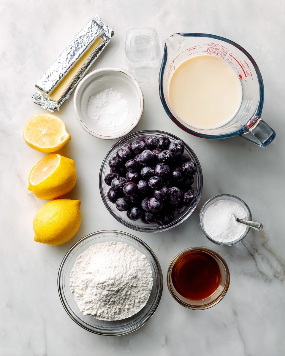 A top-down view of a collection of baking ingredients placed on a white marbled surface, including a large clear measuring cup filled with light cream liquid at the top right, a medium clear measuring cup filled with dark purple frozen blueberries in the center, a small clear bowl with white powdery substance to the right of the blueberries, and another small clear bowl with a white solid scoop to the left. Below the blueberries, there is a clear bowl filled with white powdered sugar, and below that a small cup with brown liquid, likely vanilla extract. On the left side are two bright yellow lemon halves placed next to two silver foil-wrapped sticks of butter. The overall layout is neat and bright, showing fresh and dry ingredients for baking, photo taken with an iphone --ar 4:5 --v 7