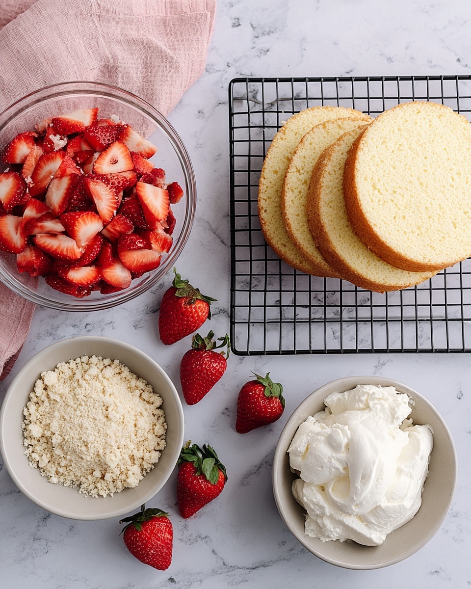 The image shows the ingredients for making a strawberry shortcake. There are three layers of light golden sponge cake placed on a black cooling rack on a white marbled surface. To the left, a clear glass bowl filled with bright red sliced strawberries is next to a light grey bowl holding a fluffy white whipped cream. There is also a small white bowl filled with small light beige crumbly pieces, likely cake crumbs or streusel. A few whole fresh strawberries are scattered between the bowls and the cakes. A soft pink cloth is partly visible in the top left corner. Photo taken with an iphone --ar 4:5 --v 7