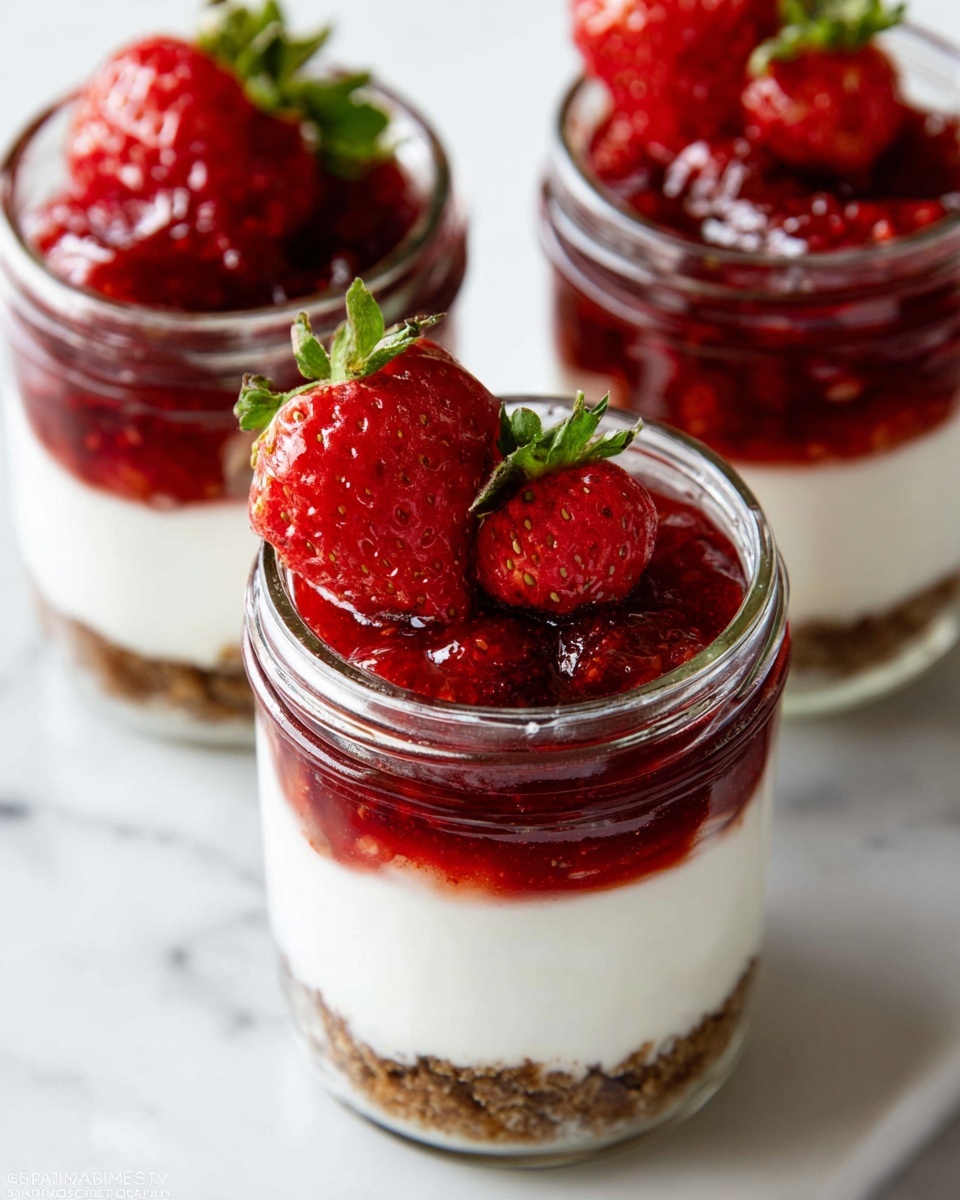 Five clear glass jars are lined up on a white marbled surface with a plain white background. Each jar has three visible layers: a bottom layer of crumbly light brown crust, a middle layer of thick white creamy filling, and a top layer of different colorful fruit toppings. From left to right, the first jar has a deep red jelly topping, the second a dark blueberry mixture with a small lemon slice, the third a bright red strawberry topping with a whole strawberry on top, the fourth a dark chocolate layer topped with a raspberry and a small mint leaf, and the fifth jar has a blueberry mixture with a small yellow lemon peel. The textures range from crumbly at the bottom, smooth creamy middle, to shiny and glossy fruit layers on top. Photo taken with an iphone --ar 4:5 --v 7
