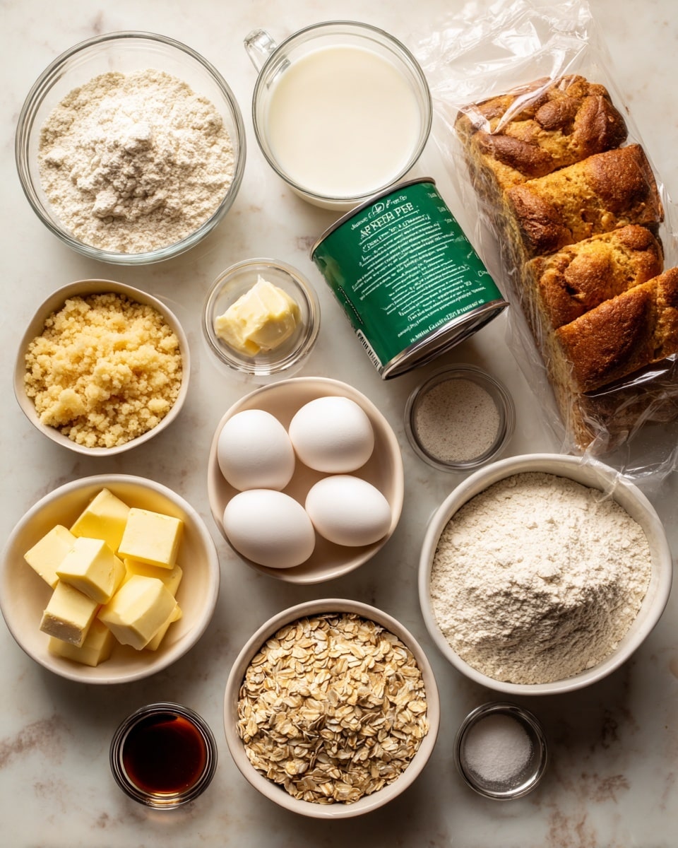 The image shows a white marbled surface with baking ingredients neatly arranged. At the back right is a clear package of golden brown sliced brioche bread. To the left is a clear measuring cup filled with white milk. In front of the milk is a white bowl holding four white eggs. Near the center sits a green and silver can labeled apple pie filling. Surrounding these are small bowls and cups filled with brown sugar, light yellow butter cubes, rolled oats, white flour, and small metal containers with ground cinnamon and baking powder. A clear small cup of dark vanilla extract completes the selection. All items are close together and well-lit, showing textures and colors clearly, photo taken with an iphone --ar 4:5 --v 7