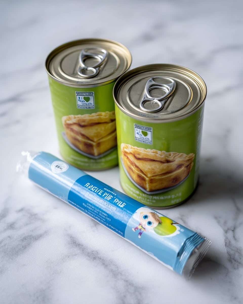 The image shows two green cans of apple pie filling with a clear label and a picture of a golden apple pie slice on each. They are placed on a white marbled surface, one slightly behind the other. In front of the cans, there is a roll of sugar cookie dough in a blue package with white and yellow text, and a small figure character printed on one end. The colors are bright and the textures are smooth, with the metal tops of the cans showing rings and pull tabs. The scene is simple and clean. photo taken with an iphone --ar 4:5 --v 7
