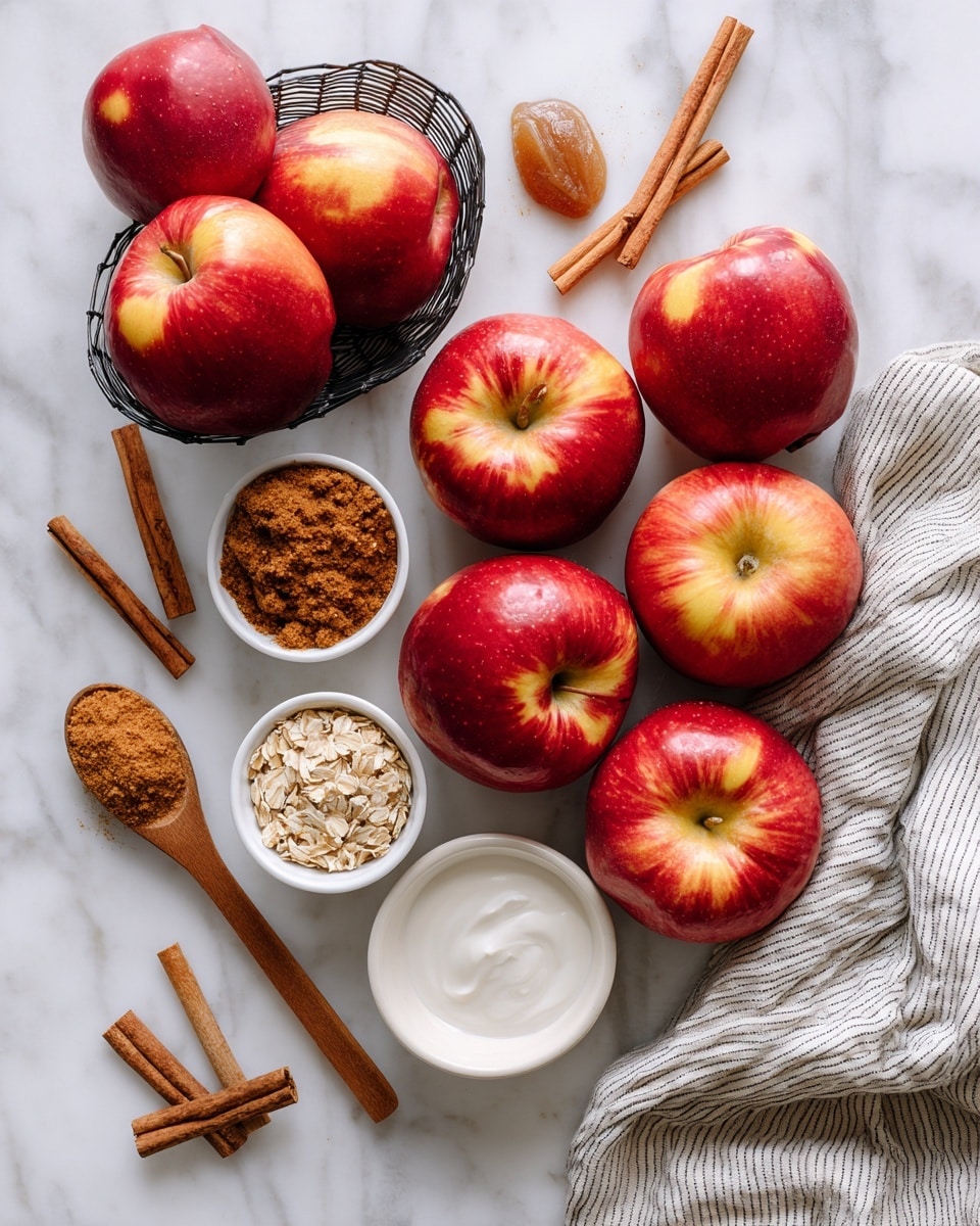 The image shows six vibrant red apples with yellow patches placed on a white marbled surface. Around them are small white bowls containing brown sugar, oats, a white liquid, and cream cheese, along with a wooden spoon holding brown sugar. There are also a few cinnamon sticks scattered on the surface to the left and right. On the left side of the image, some more apples are seen inside a black metal basket. To the right edge, there is a striped cloth partially visible. The whole setup is cozy and inviting, with warm autumn colors, all placed on a smooth white marbled background. photo taken with an iphone --ar 4:5 --v 7