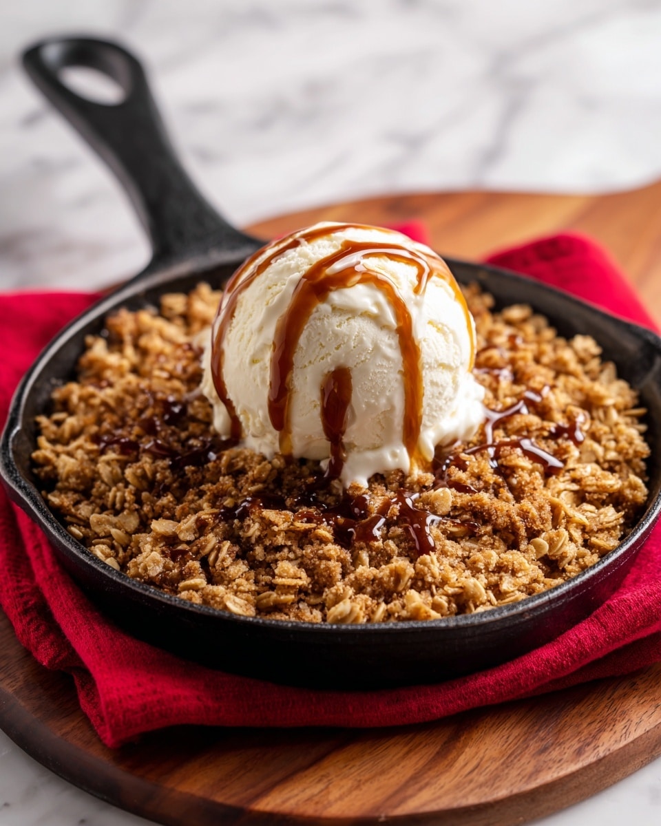 A black cast iron pan holds a dessert with two layers: the bottom layer is a soft baked fruit filling hidden beneath a golden-brown oat crumble topping with rough and crunchy texture. On top of the crumble sits a single scoop of white vanilla ice cream, melting slightly and drizzled with golden caramel sauce that flows down the sides, creating a glossy contrast. The pan rests on a red cloth, placed on a white marbled surface with a hint of a wooden board underneath photo taken with an iphone --ar 4:5 --v 7
